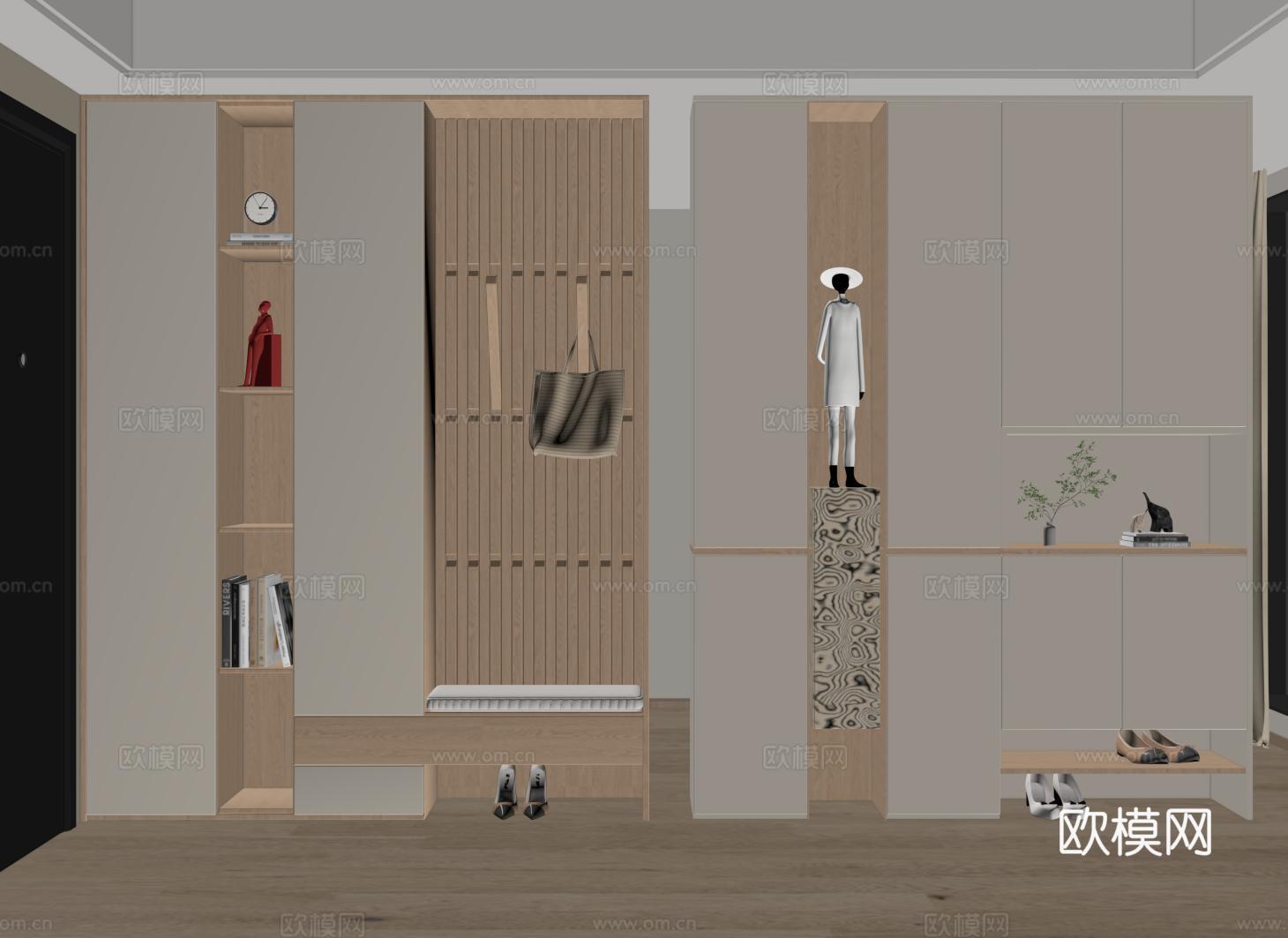 现代玄关鞋柜 入户鞋柜 鞋柜换鞋凳一体su模型