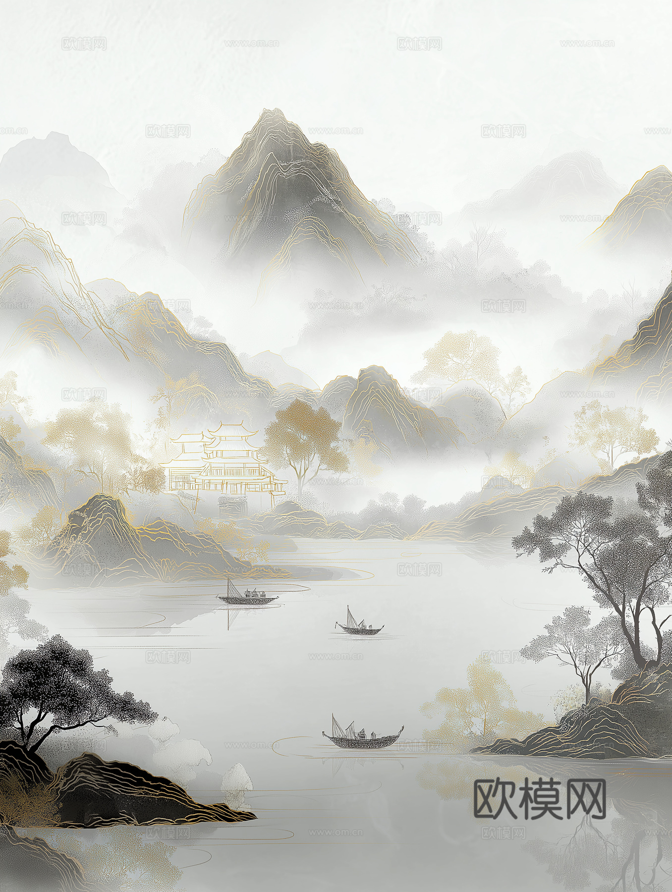 高清中式壁画软包墙布贴图