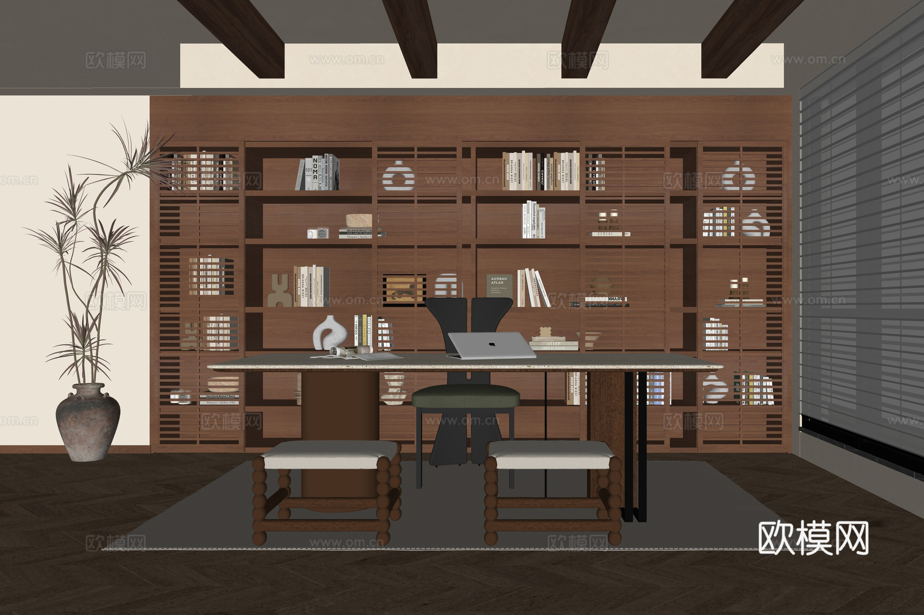 现代书房 茶室 书柜su模型