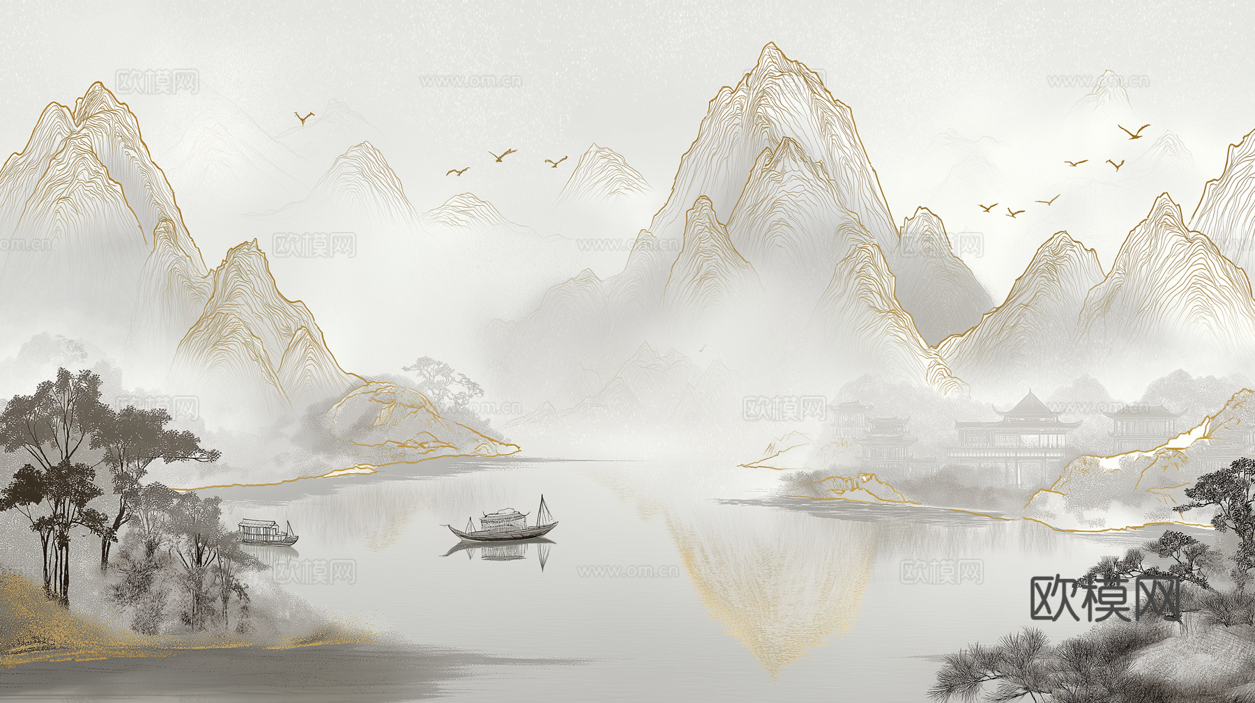 高清中式壁画软包墙布贴图