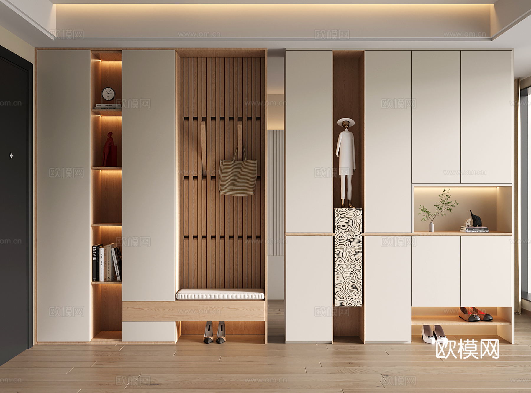 现代玄关鞋柜 入户鞋柜 鞋柜换鞋凳一体su模型