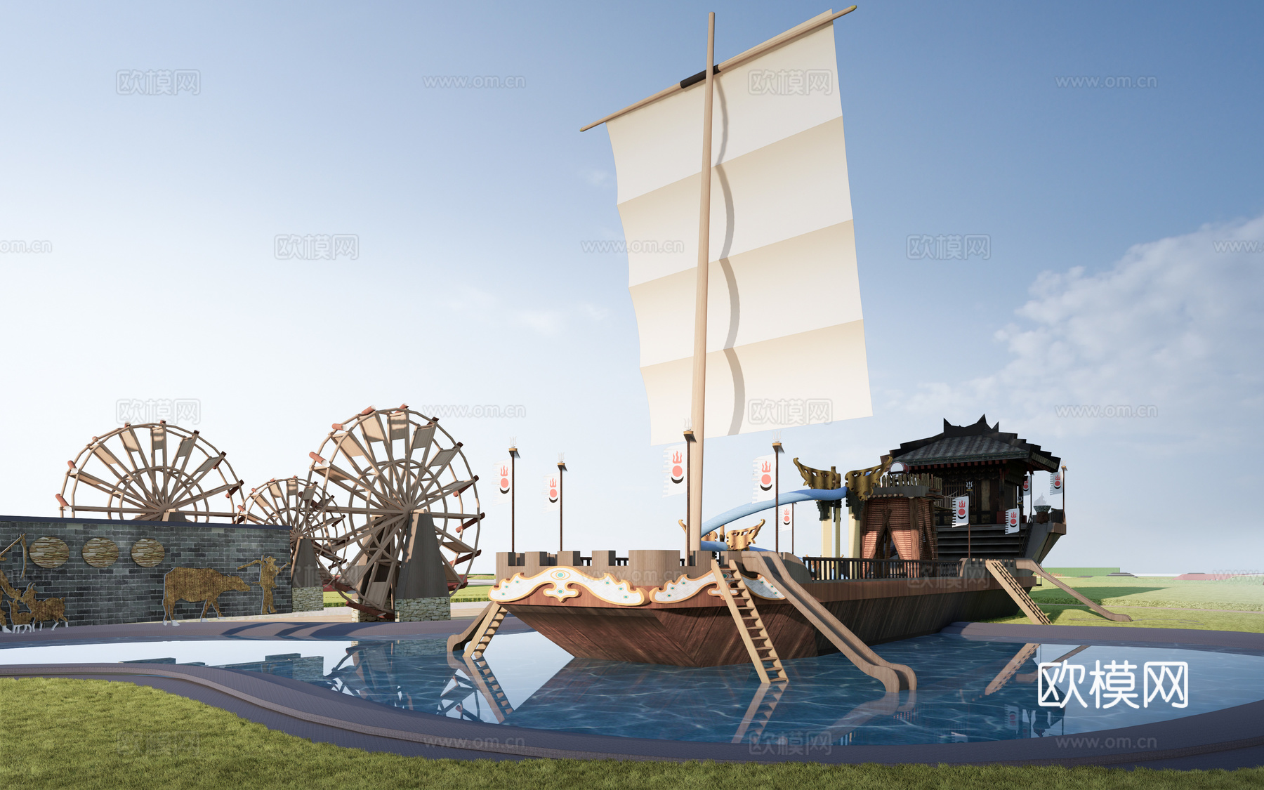 现代木船 帆船 游乐船su模型