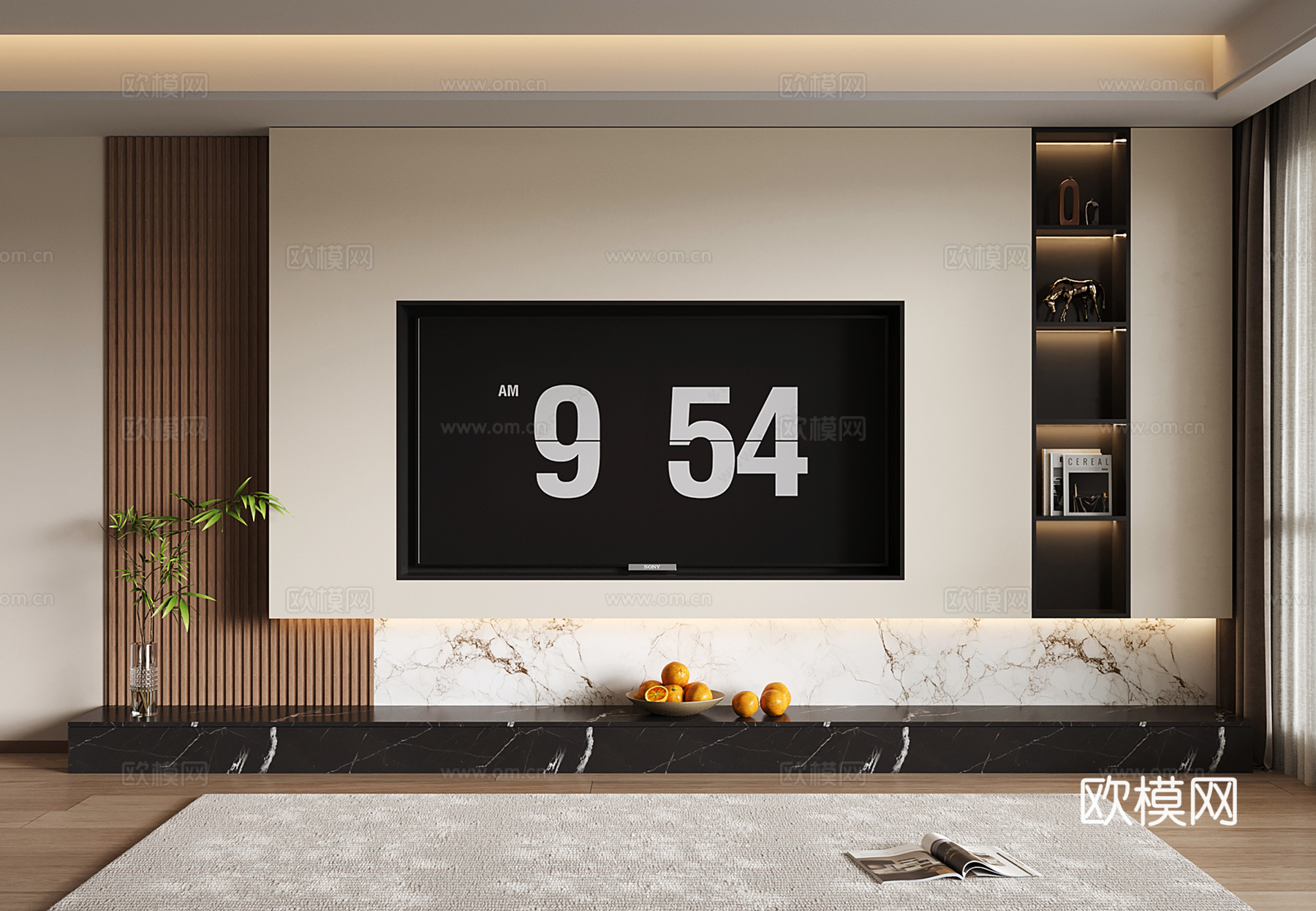 现代电视背景墙 大理石电视柜 意式电视背景柜 木格栅su模型