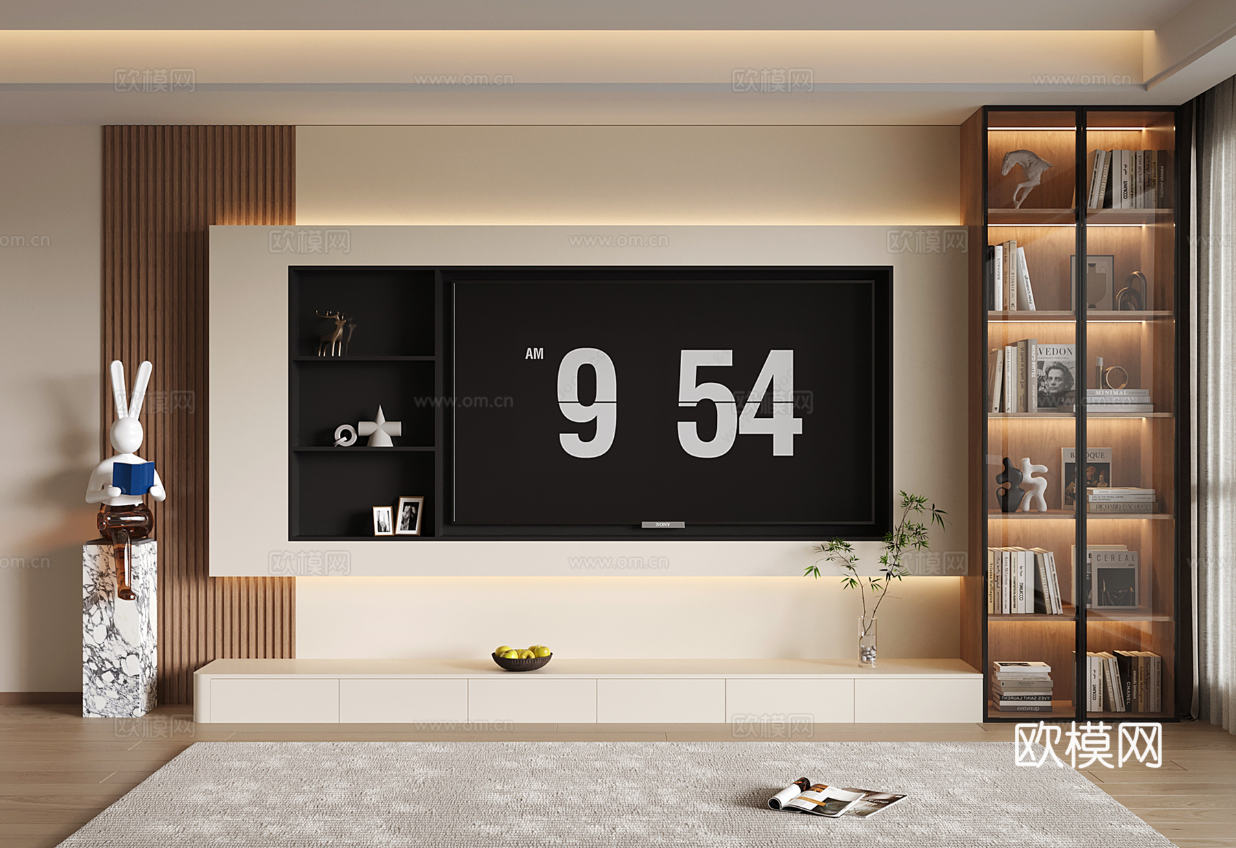 现代电视背景墙 开放格 收纳储物电视柜一体 木格栅电视背景su模型