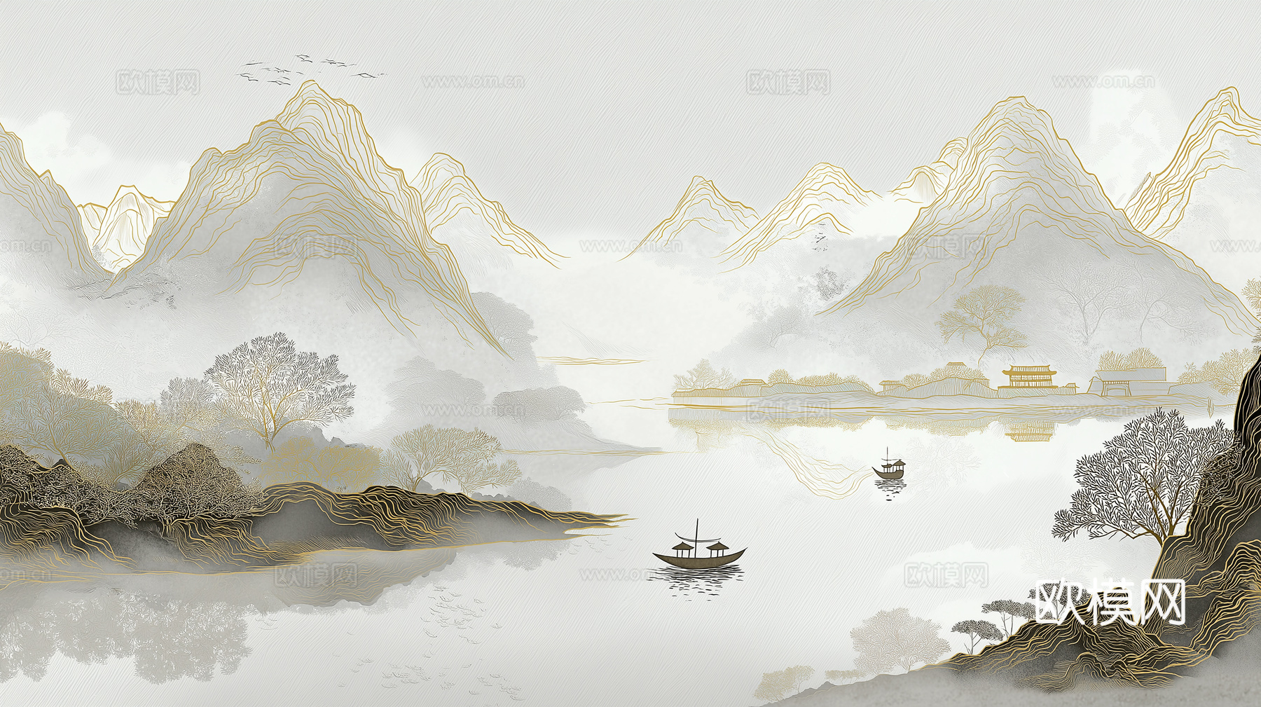 高清中式壁画软包墙布贴图