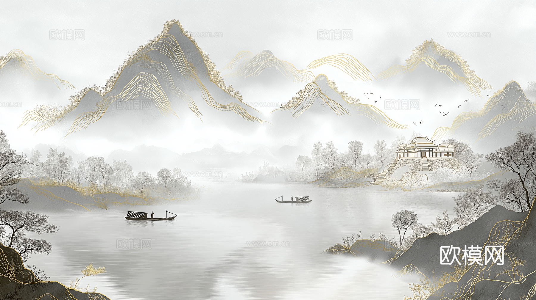 高清中式壁画软包墙布贴图