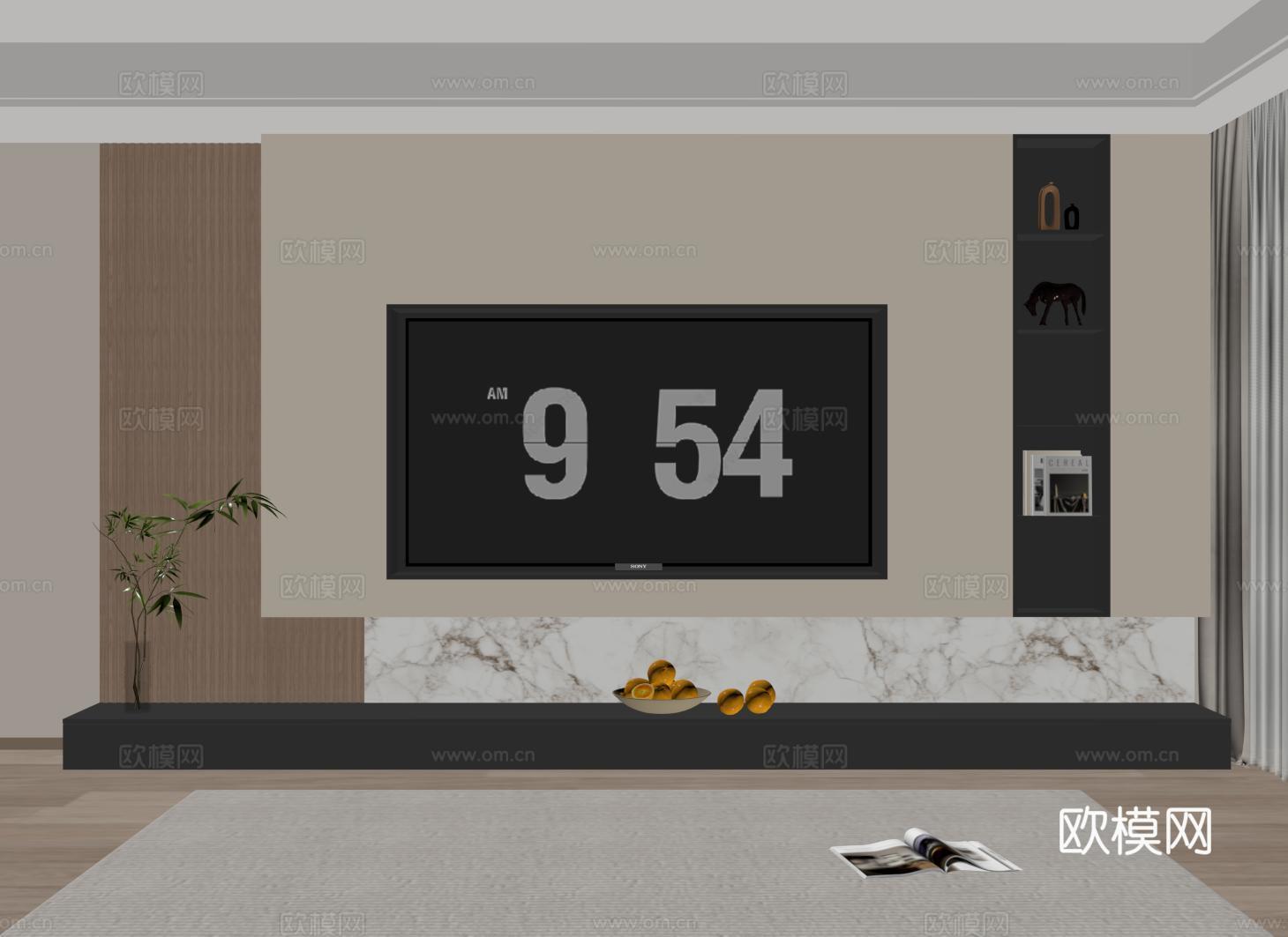 现代电视背景墙 大理石电视柜 意式电视背景柜 木格栅su模型