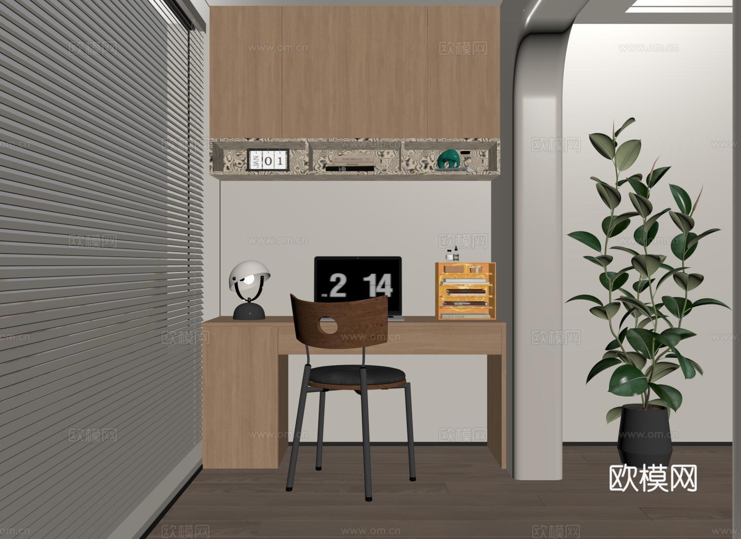 现代阳台书桌 书柜 书桌书柜一体柜su模型