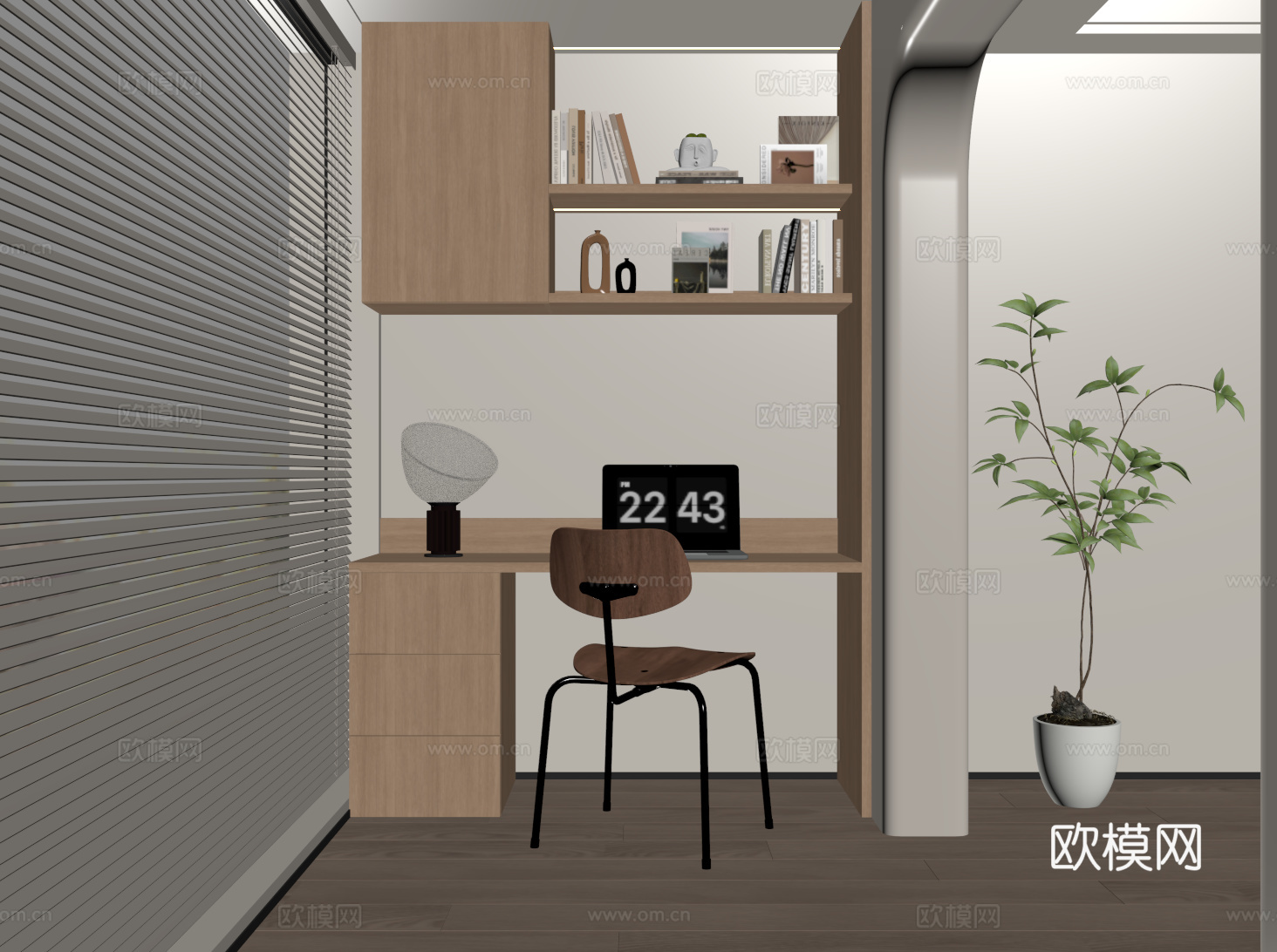 现代阳台书桌 书柜 书桌书柜一体柜su模型