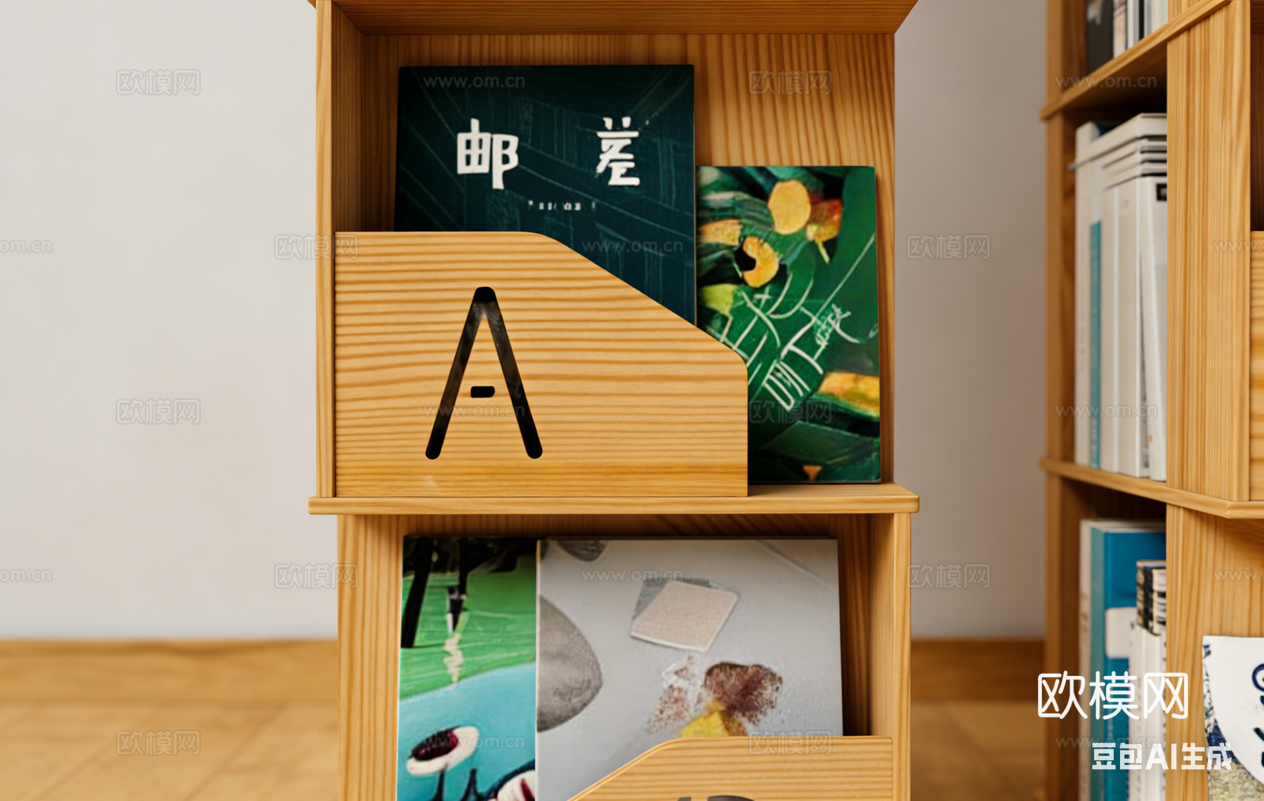 北欧风木质字母壁挂书架  儿童房绘本收纳 原木色方格置物架su模型