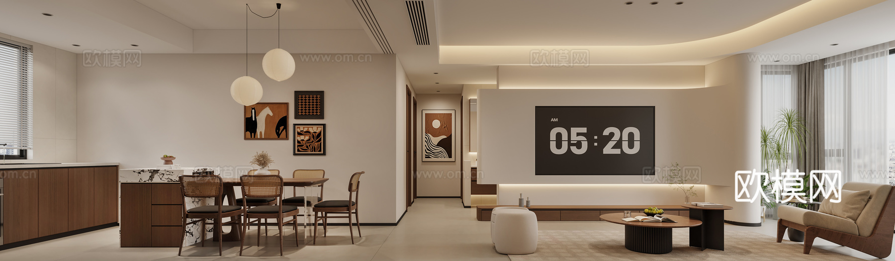 中古风客餐厅 沙发组合 餐桌椅组合 电视墙 吊灯3d模型