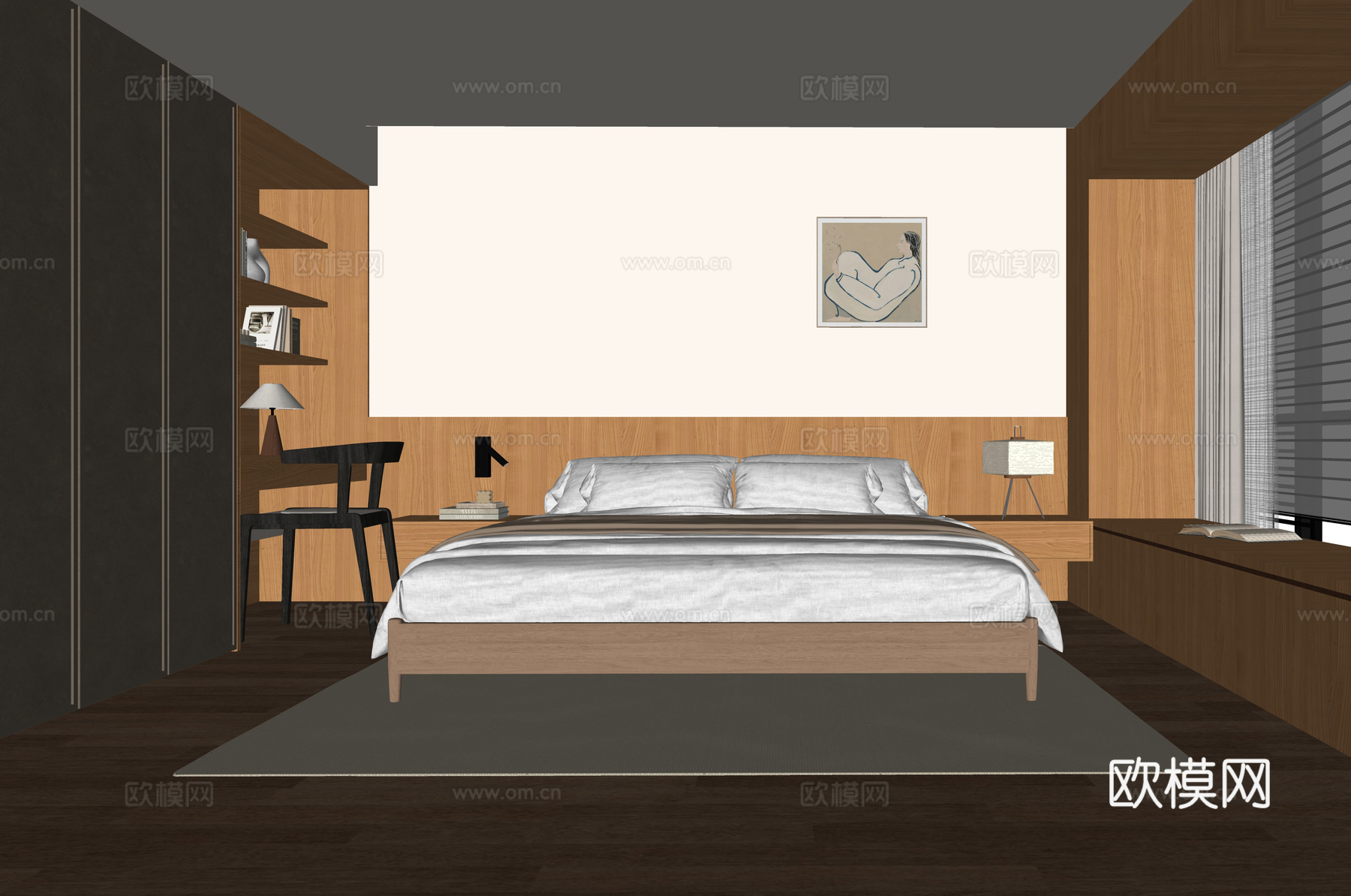 现代卧室 双人床su模型