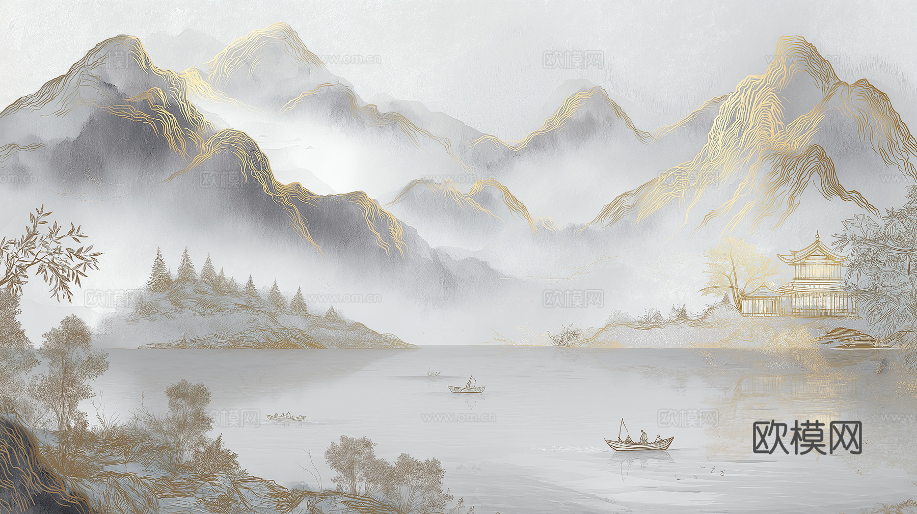 高清中式壁画软包墙布贴图