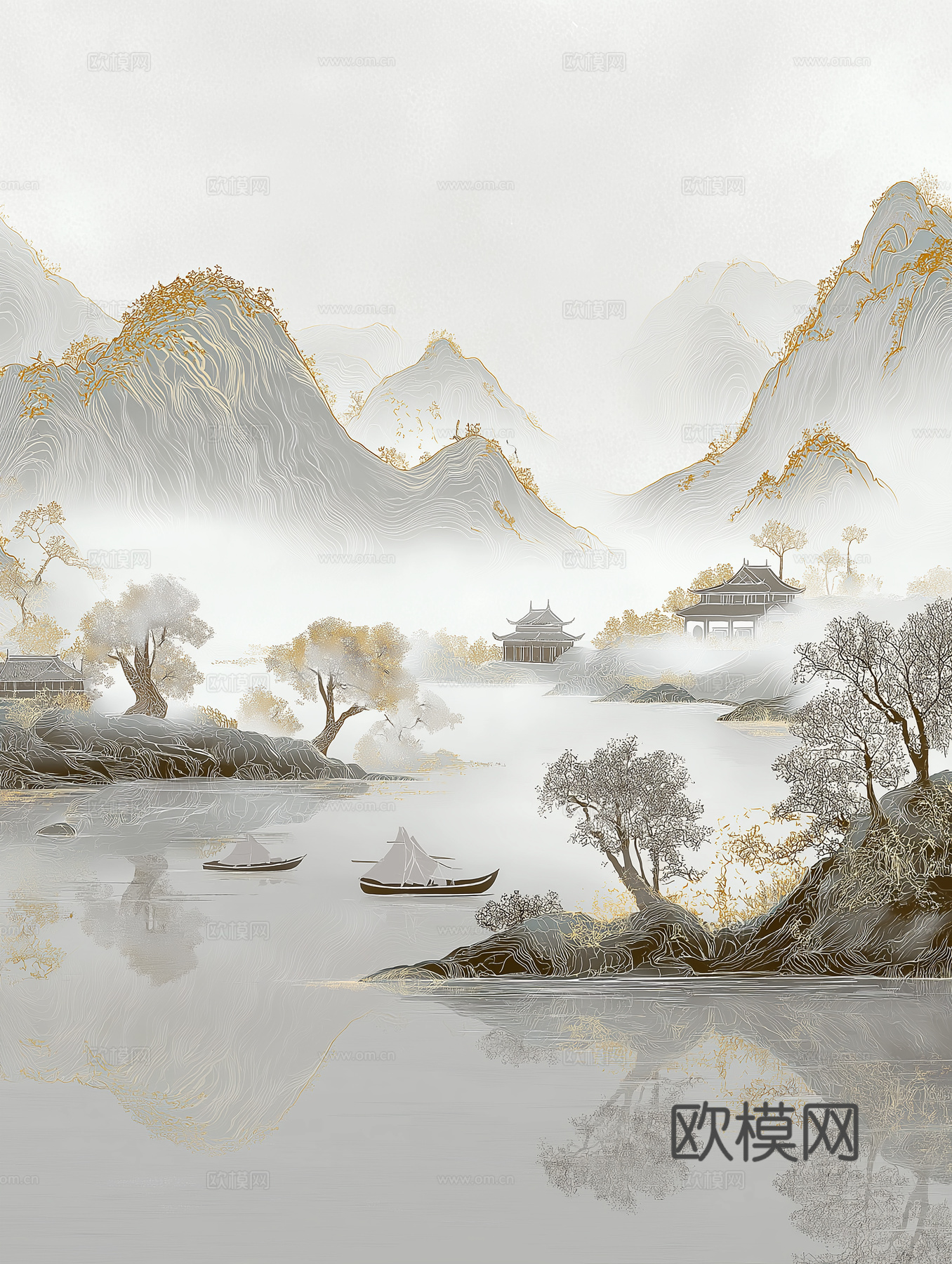 高清中式壁画软包墙布贴图