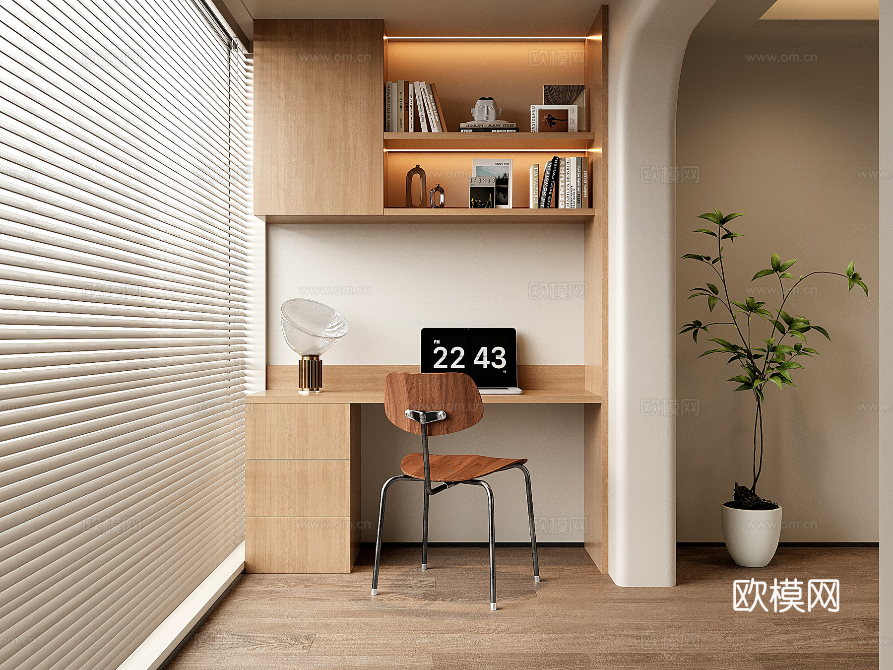 现代阳台书桌 书柜 书桌书柜一体柜su模型