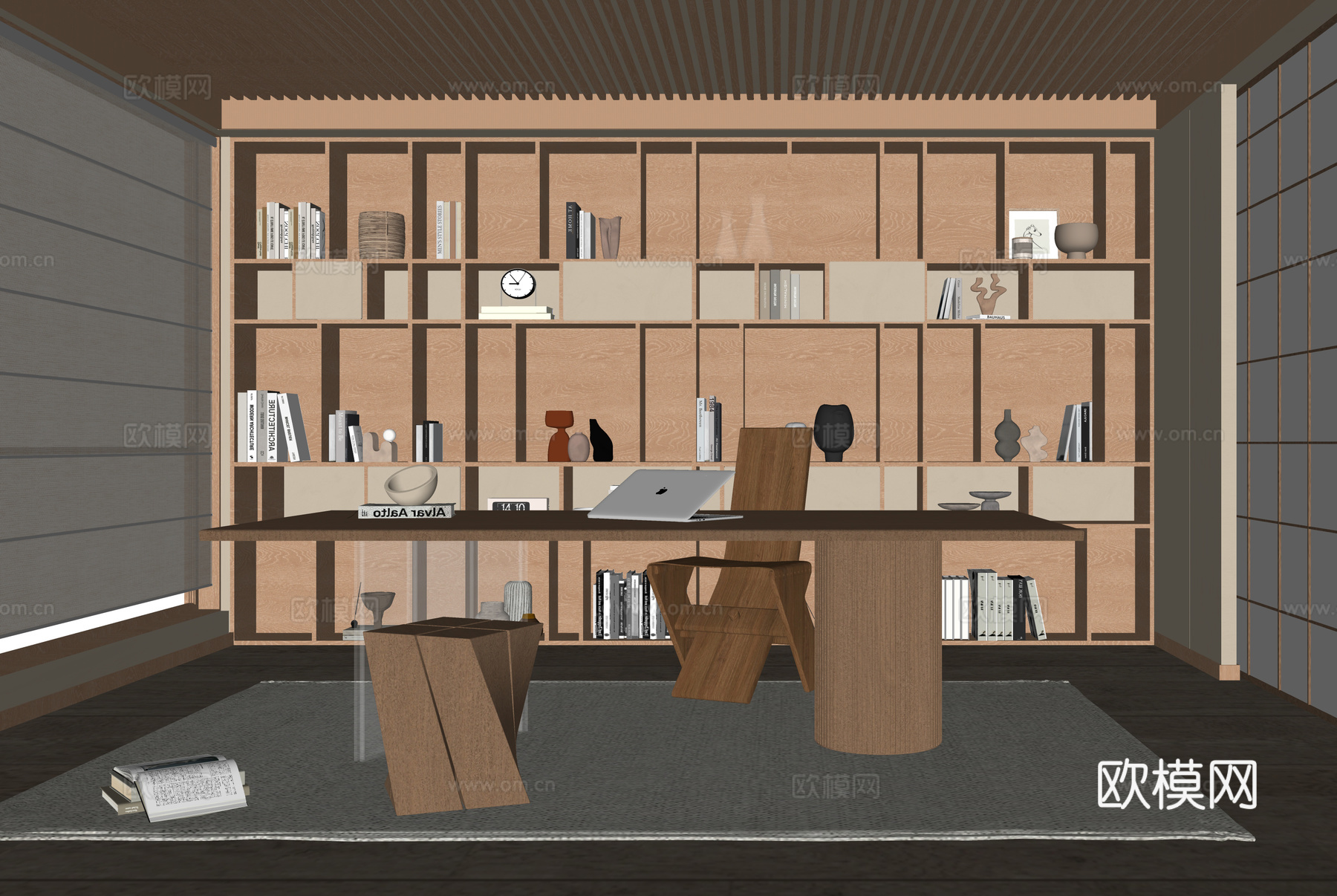 现代书房 书柜 书桌椅su模型