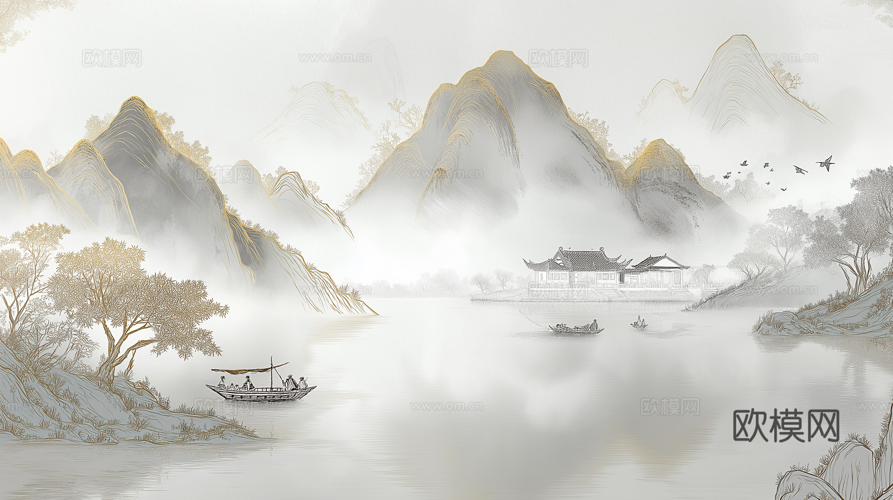 高清中式壁画软包墙布贴图