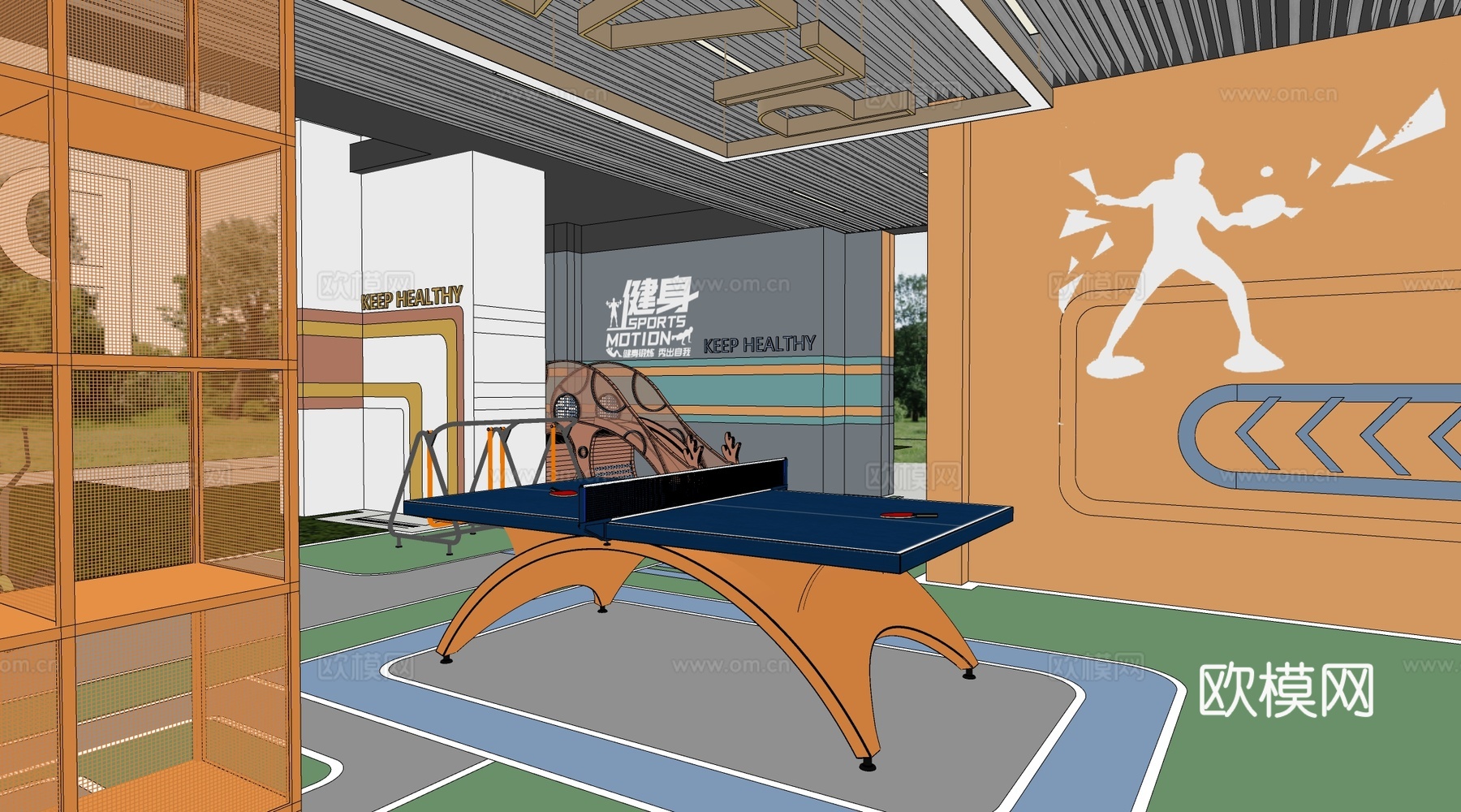 现代小区架空层 架空层健身区 小区休闲区su模型