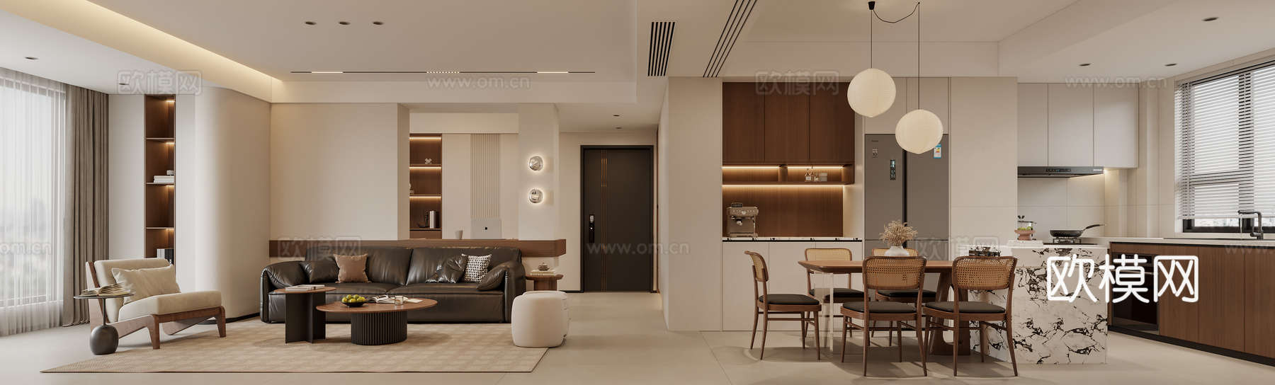 中古风客餐厅 沙发组合 餐桌椅组合 电视墙 吊灯3d模型