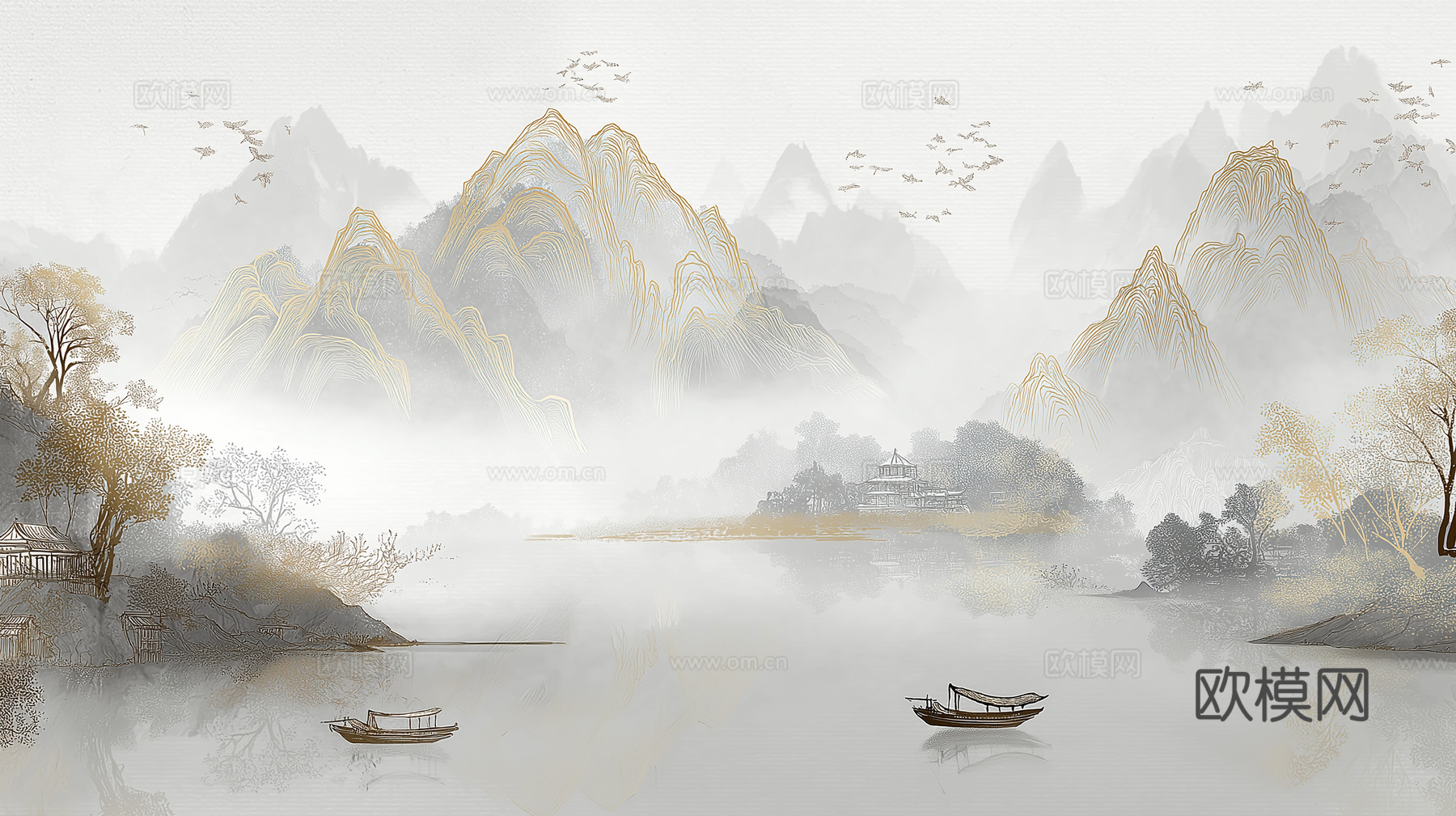 高清中式壁画软包墙布贴图