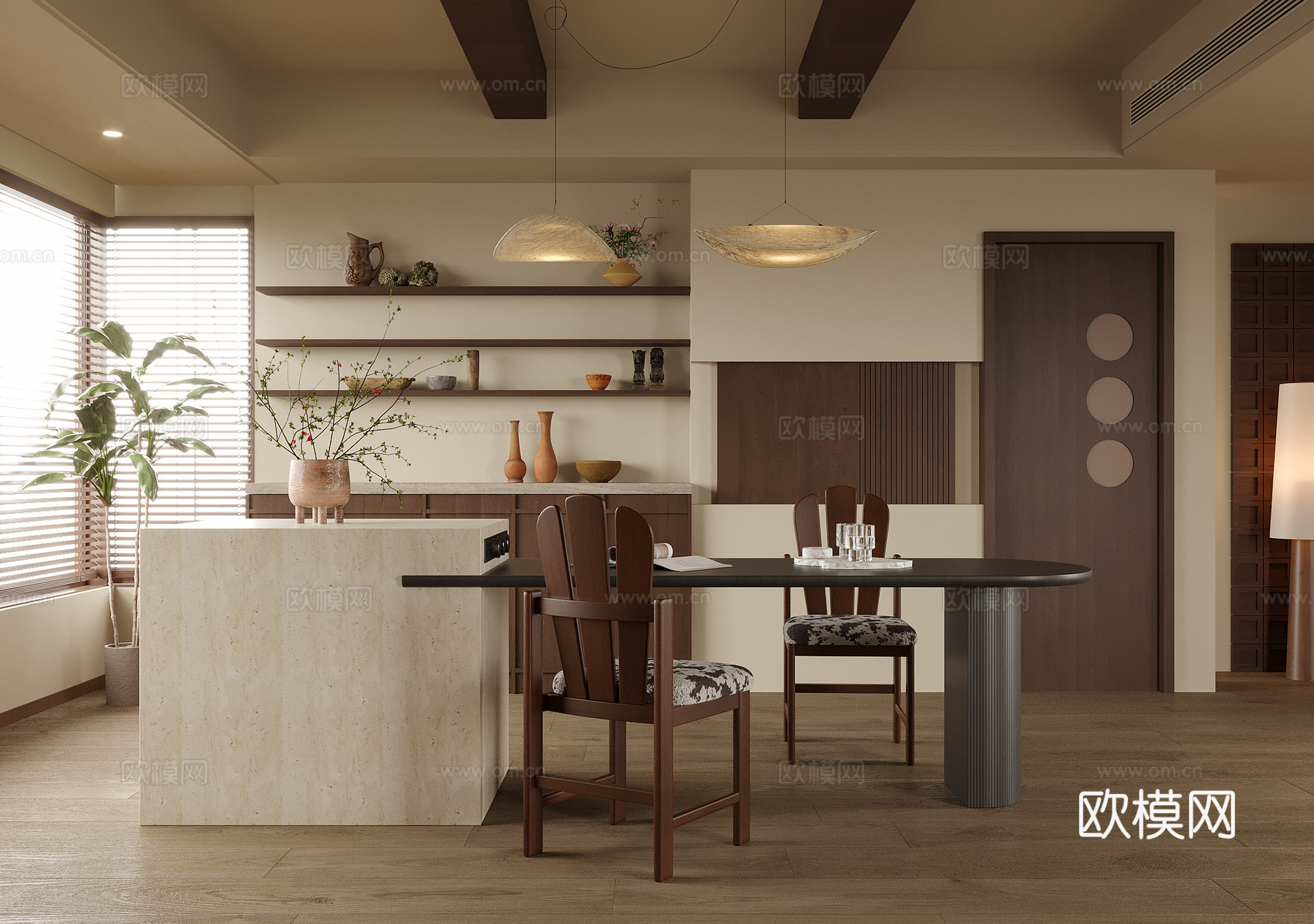 现代餐厅 餐桌椅 吊灯3d模型下载