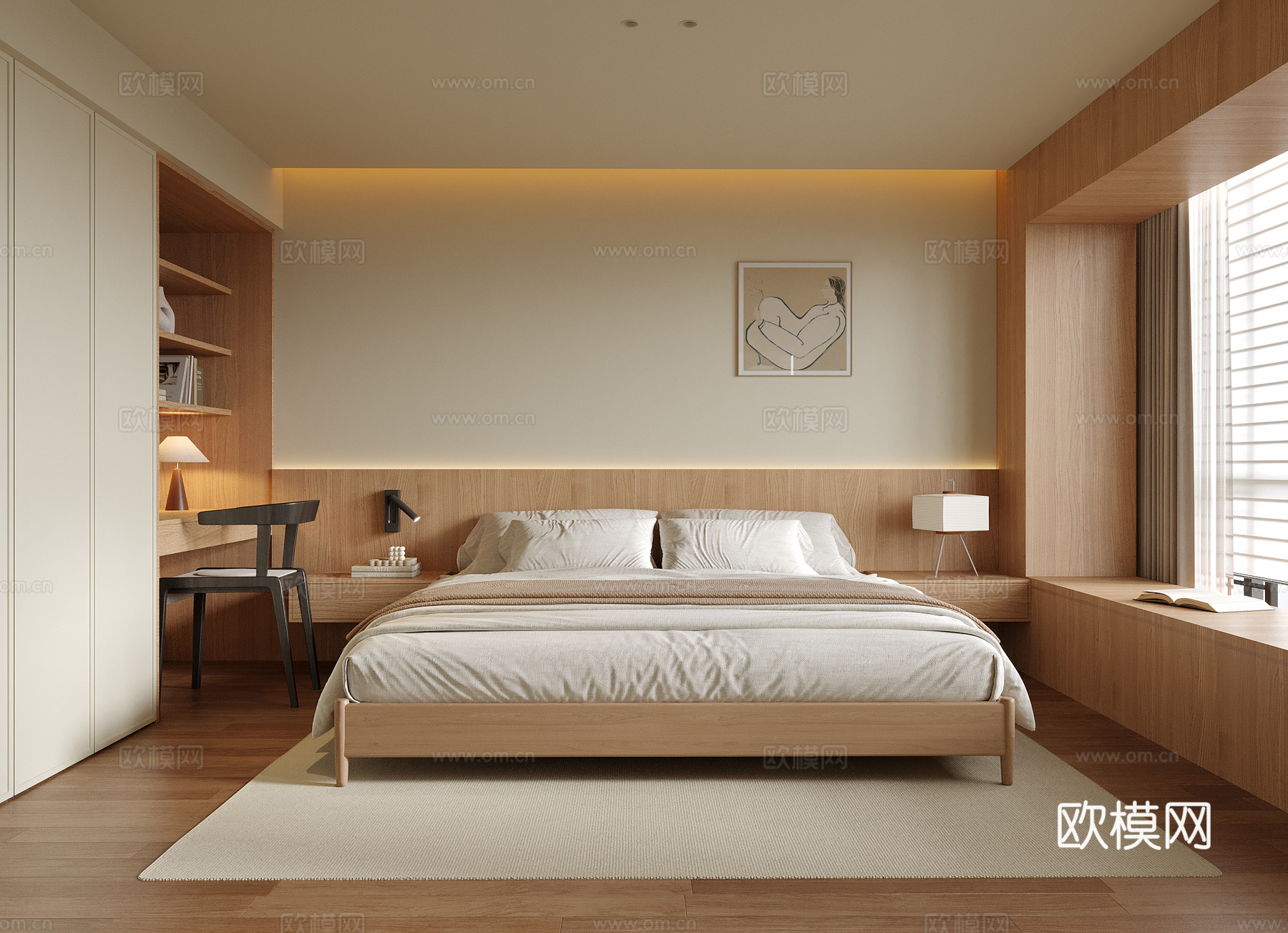 现代卧室 双人床su模型