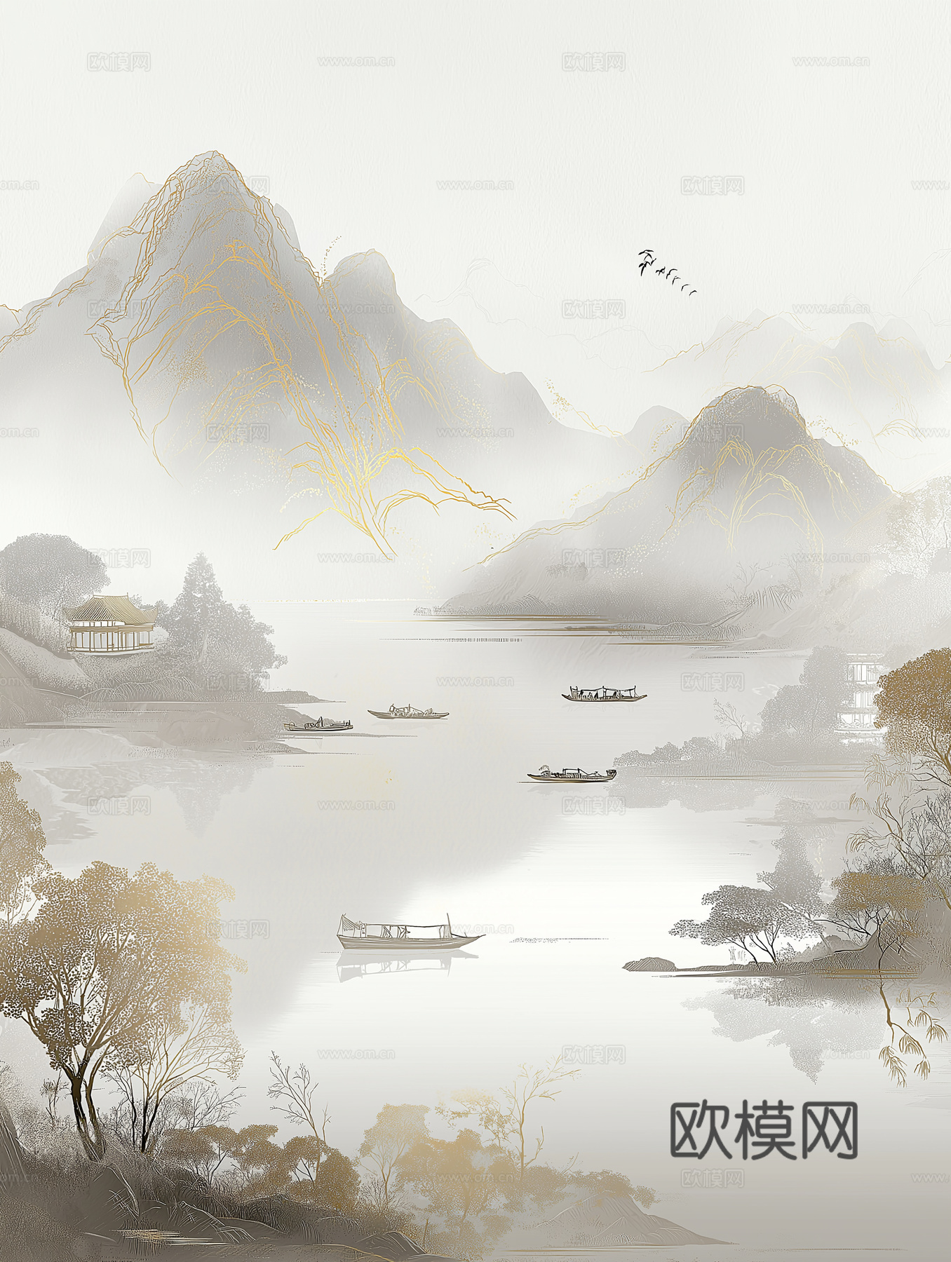 高清中式壁画软包墙布贴图