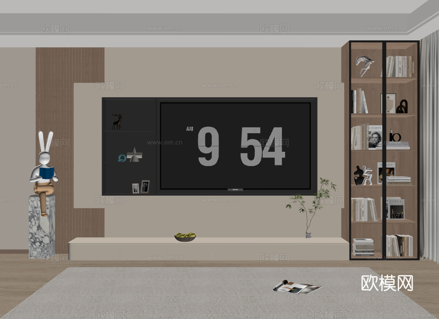 现代电视背景墙 开放格 收纳储物电视柜一体 木格栅电视背景su模型