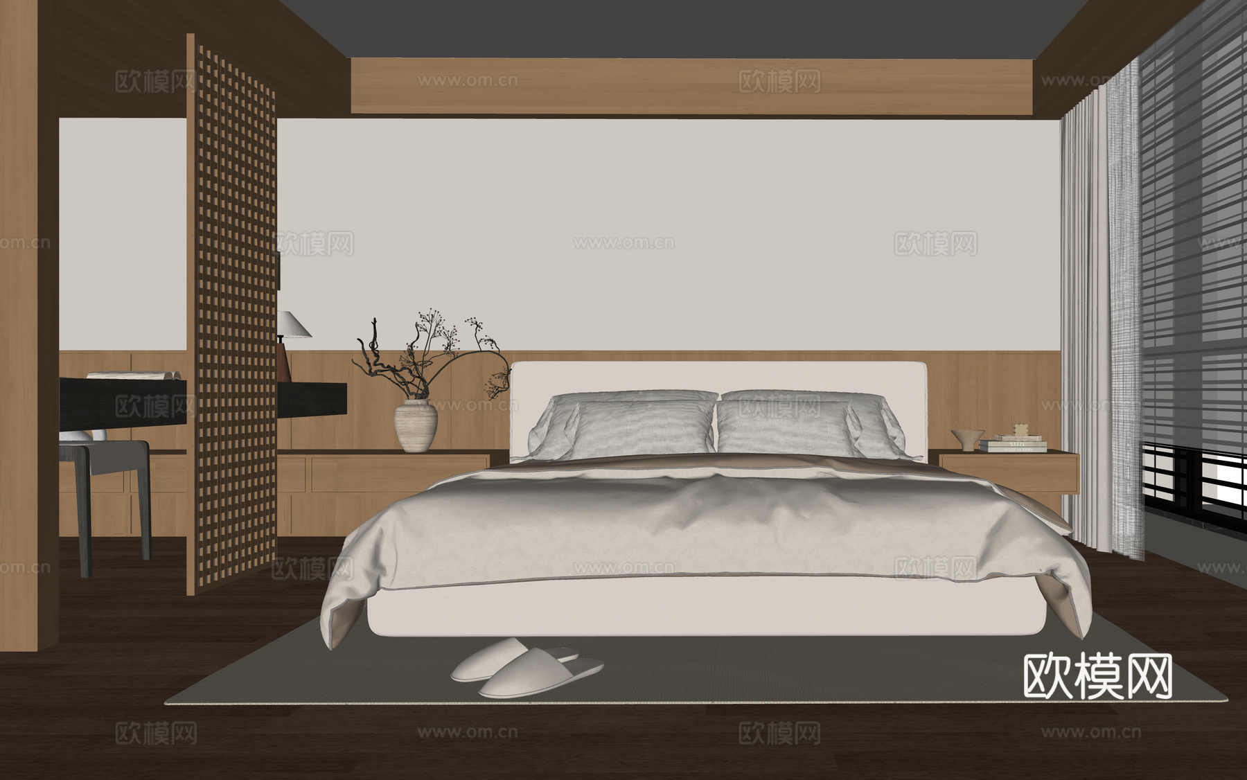现代卧室 双人床su模型