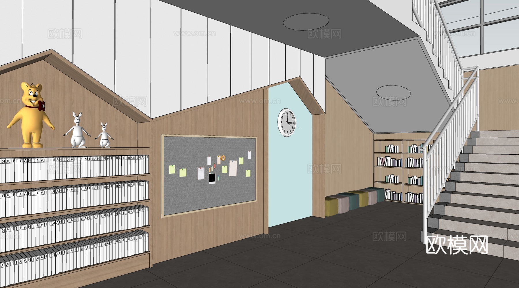 现代学校楼梯间装饰 校园文化墙 校园装饰墙 校园读书角su模型