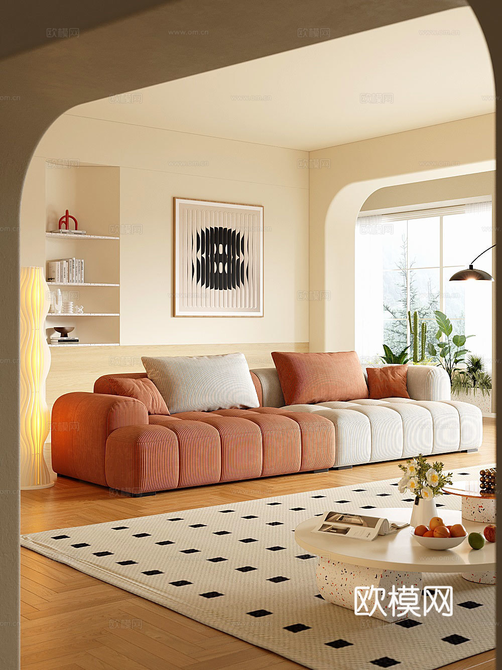 现代简约奶油风双人沙发客厅家具灯芯绒多人沙发3d模型下载