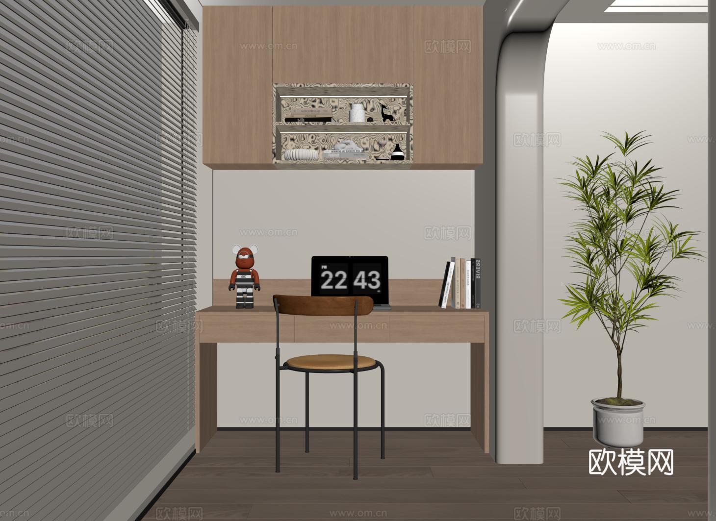 现代阳台书桌 书柜 书桌书柜一体柜su模型