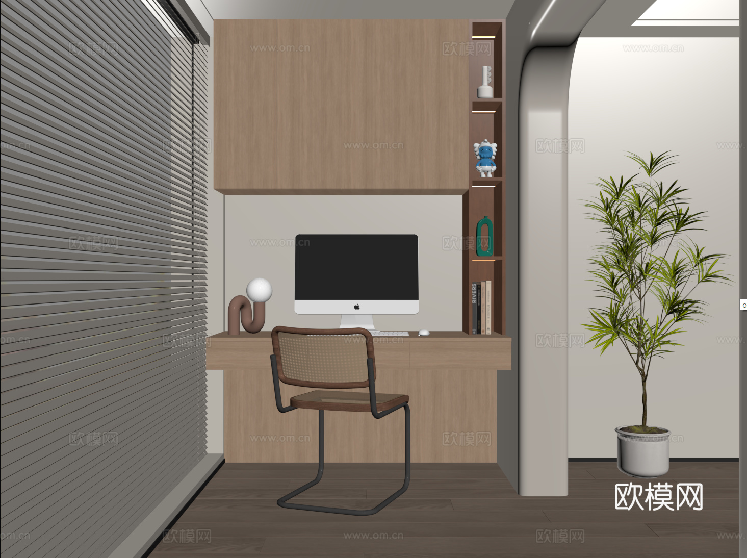 现代阳台书桌 书柜 书桌书柜一体柜su模型