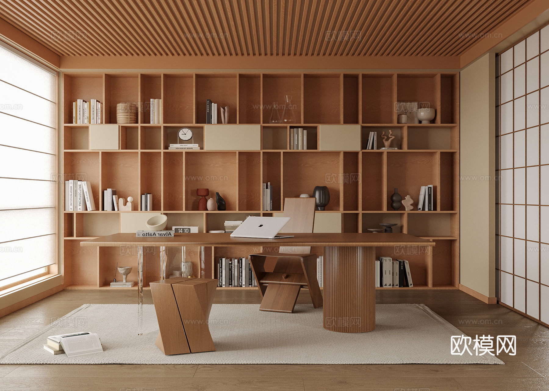 现代书房 书柜 书桌椅su模型