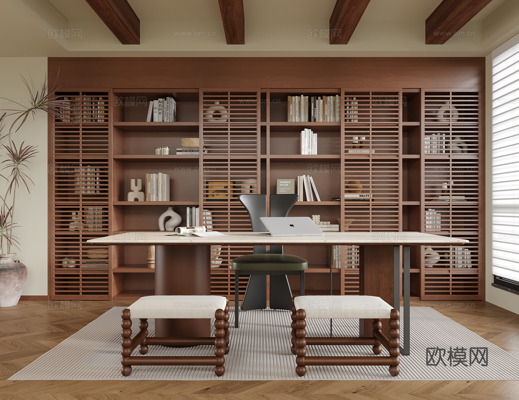 现代书房 茶室 书柜su模型