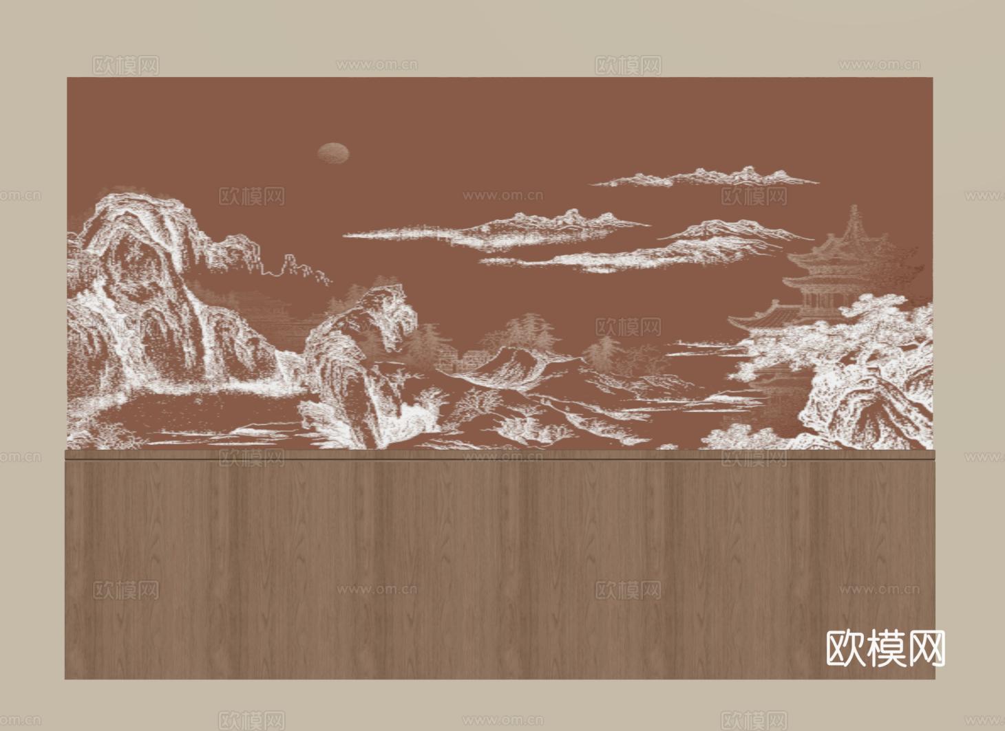 新中式床头背景墙 宋氏卧室背景墙 包间床头背景su模型su模型