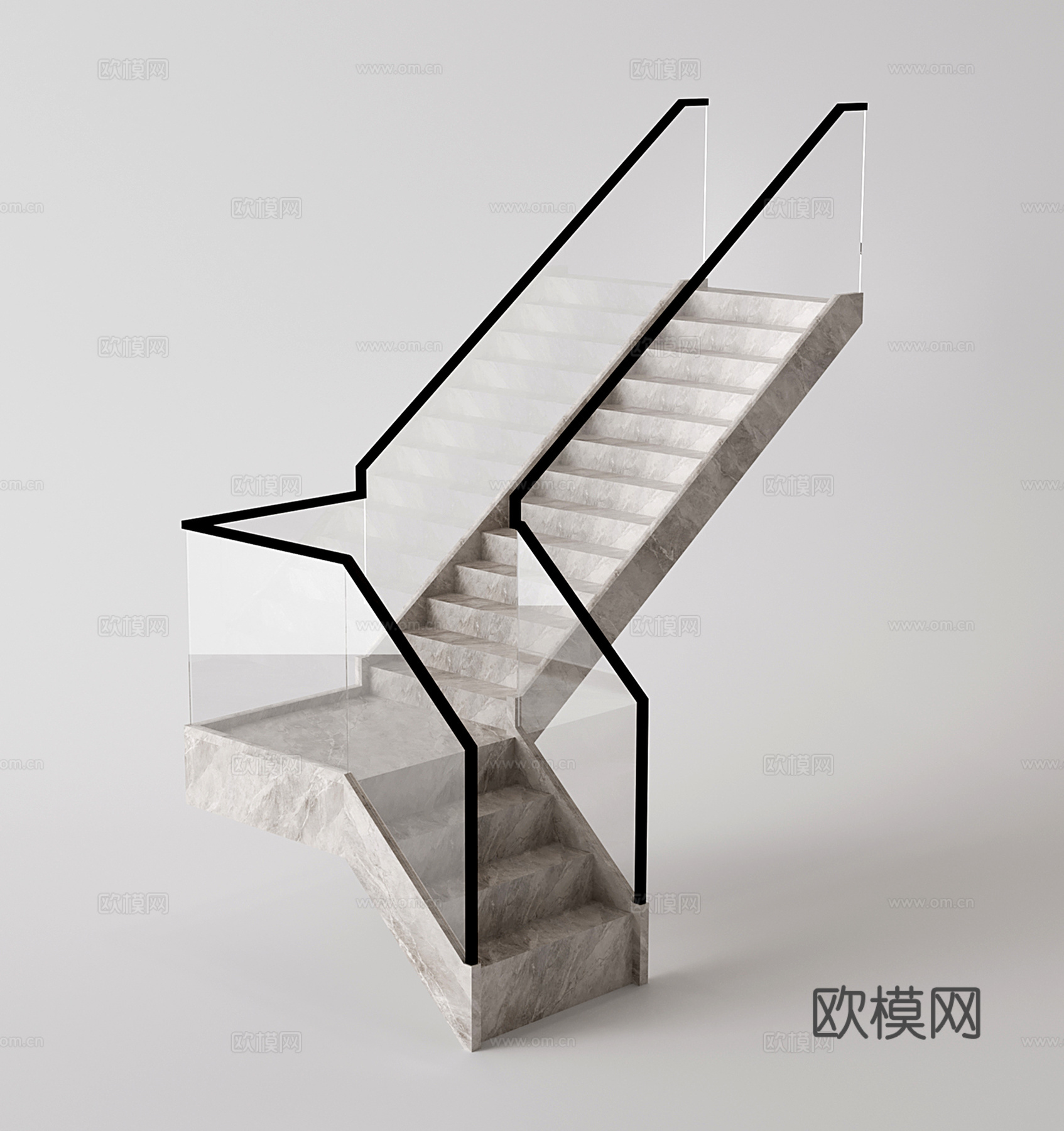 现代转折楼梯 剪刀楼梯 大理石楼梯 玻璃扶手 L形楼梯su模型su模型