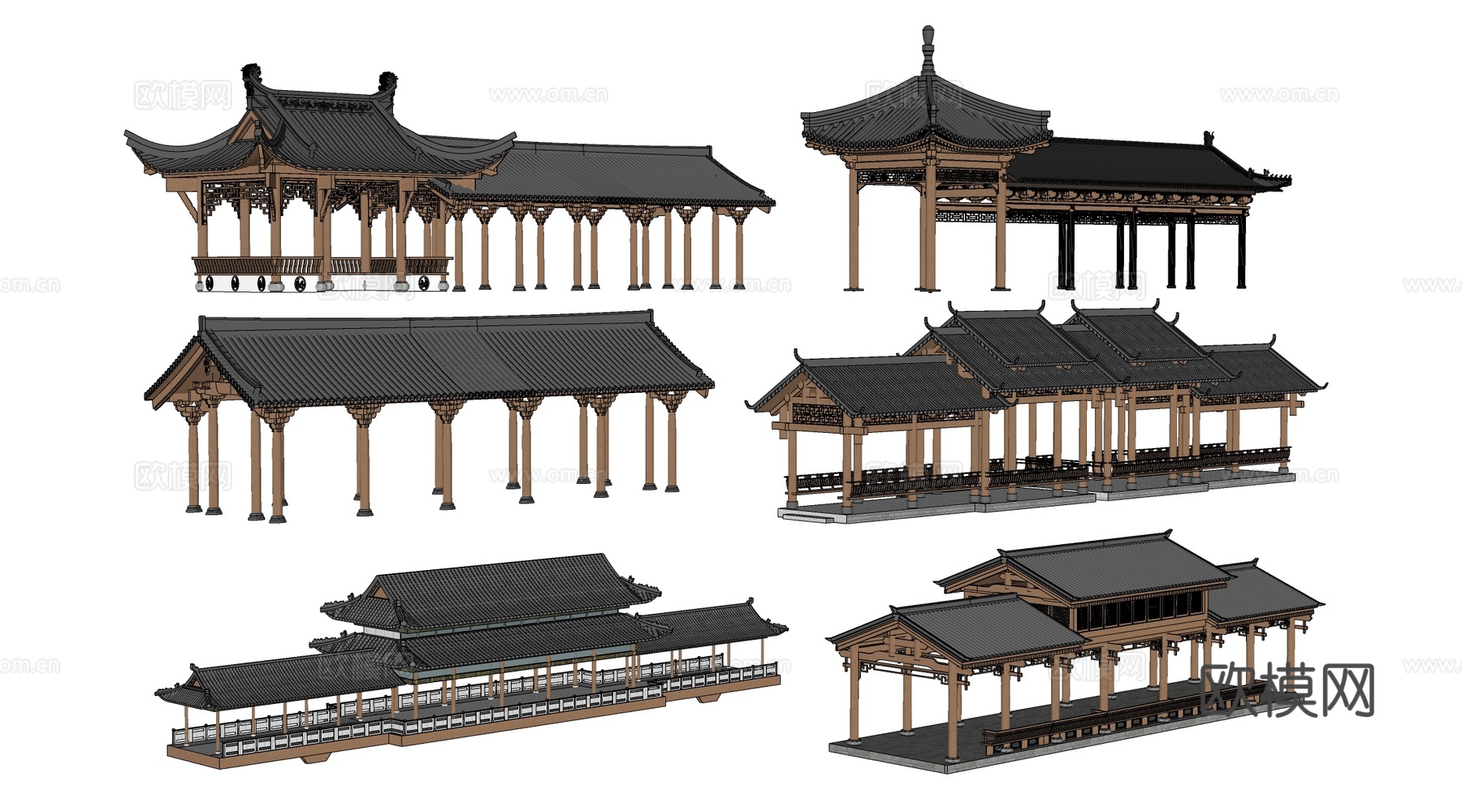 中式长廊 中式廊架 中式连廊su模型