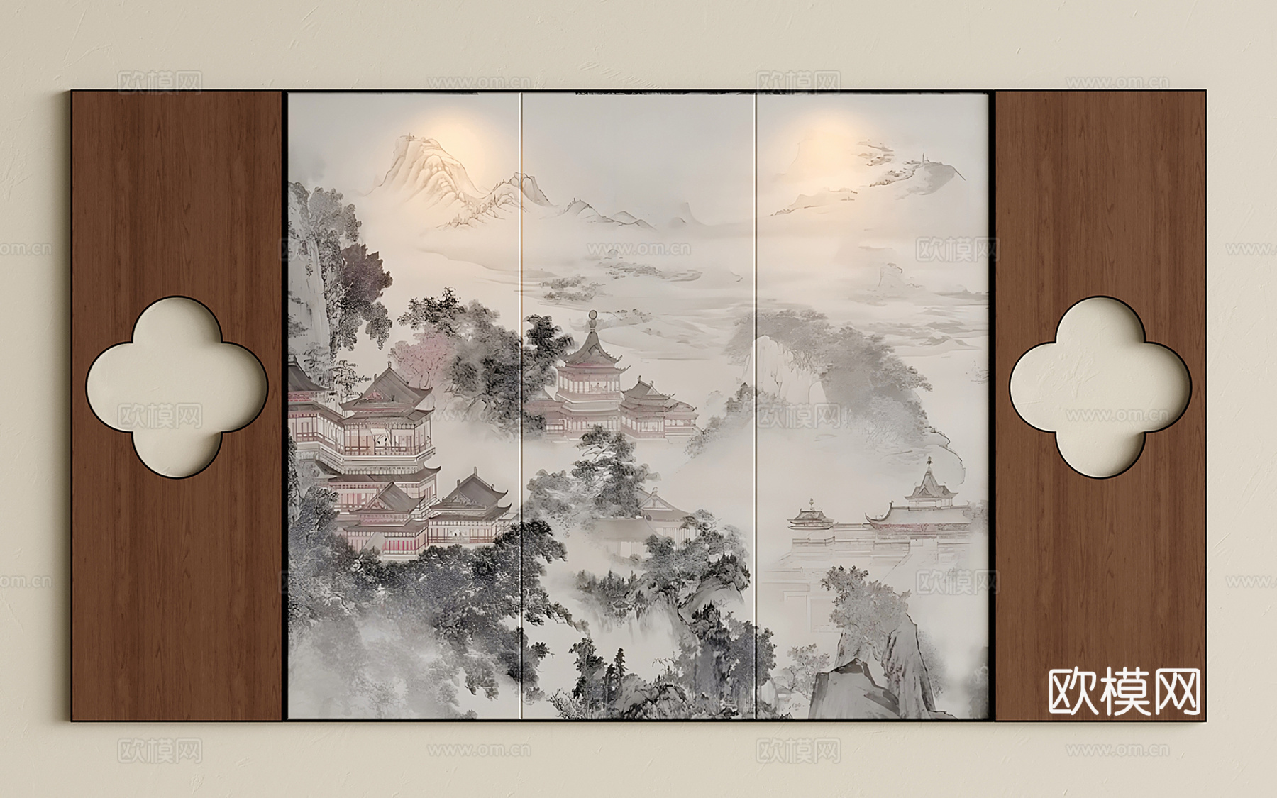 新中式沙发背景墙 楼阁故宫壁画背景墙 护墙板背景墙su模型