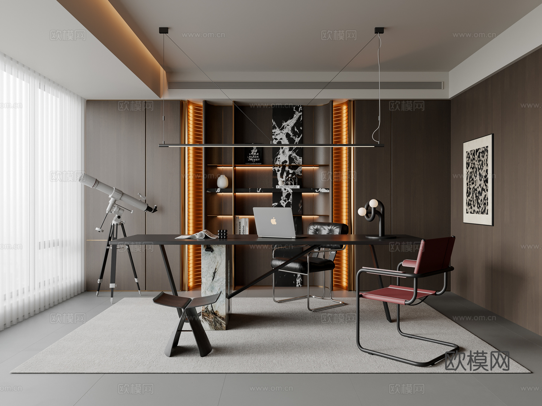 现代意式书房 书桌椅 吊灯 书柜 装饰柜 饰品摆件su模型