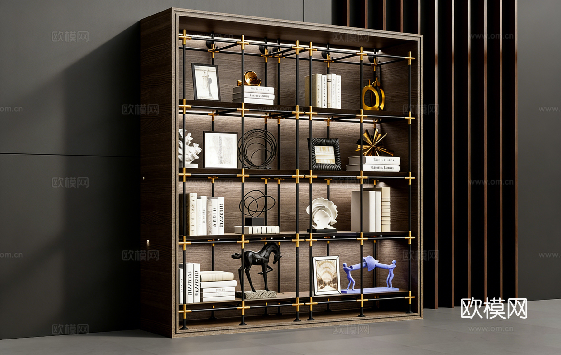 现代轻奢黑色金属网格框架书架 深木色 带金色连接件 样板间客su模型