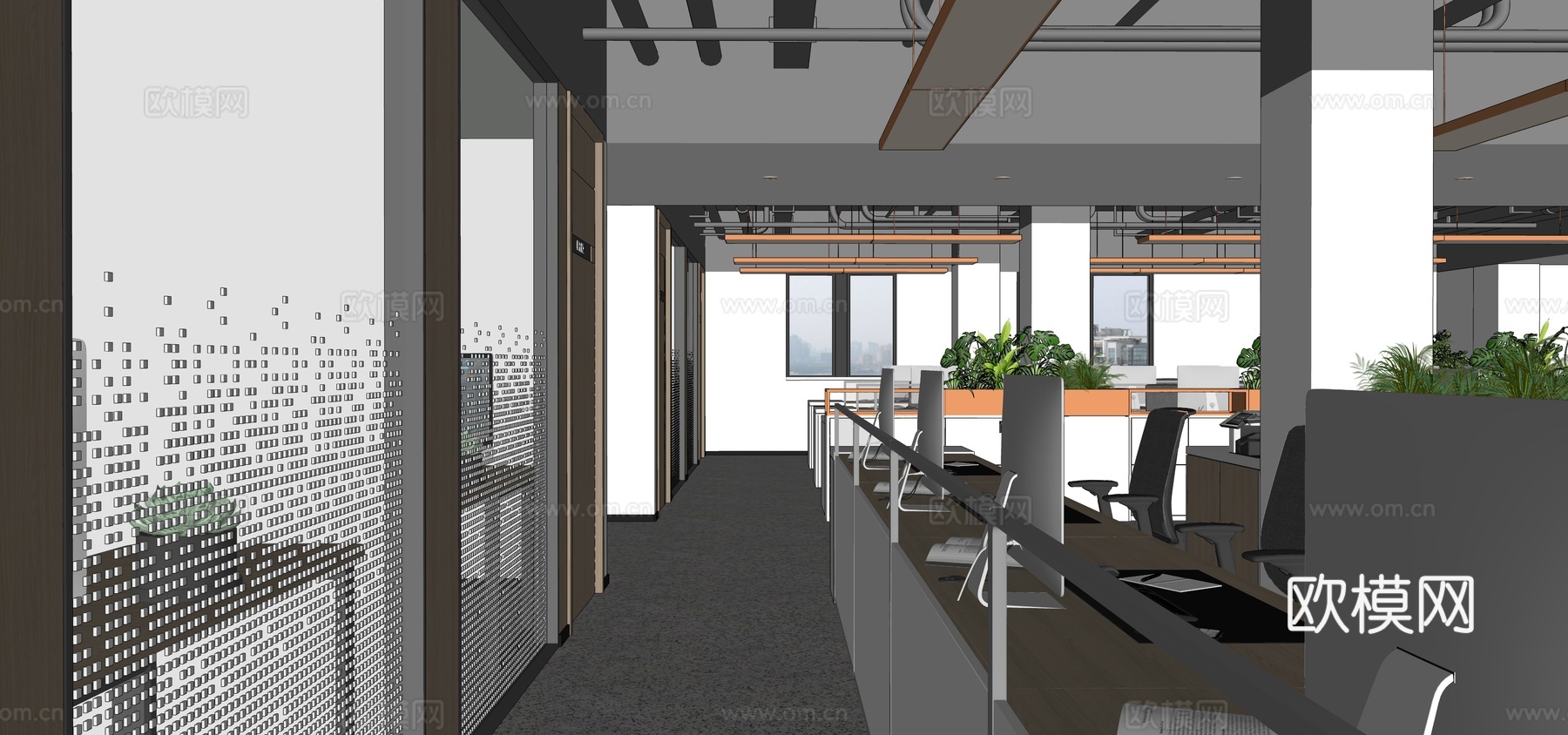 现代开敞办公区su模型