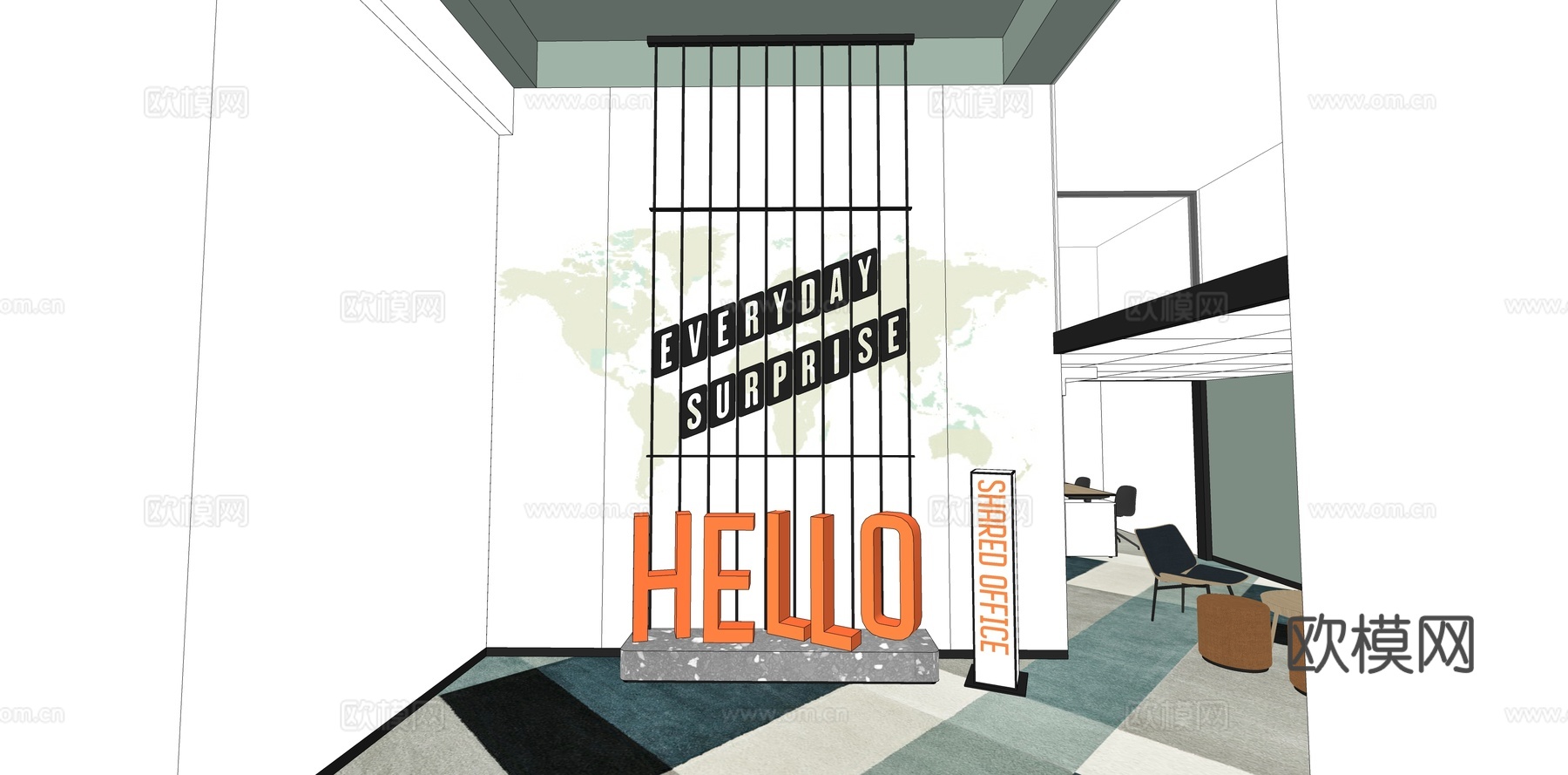 办公室撞色现代su模型