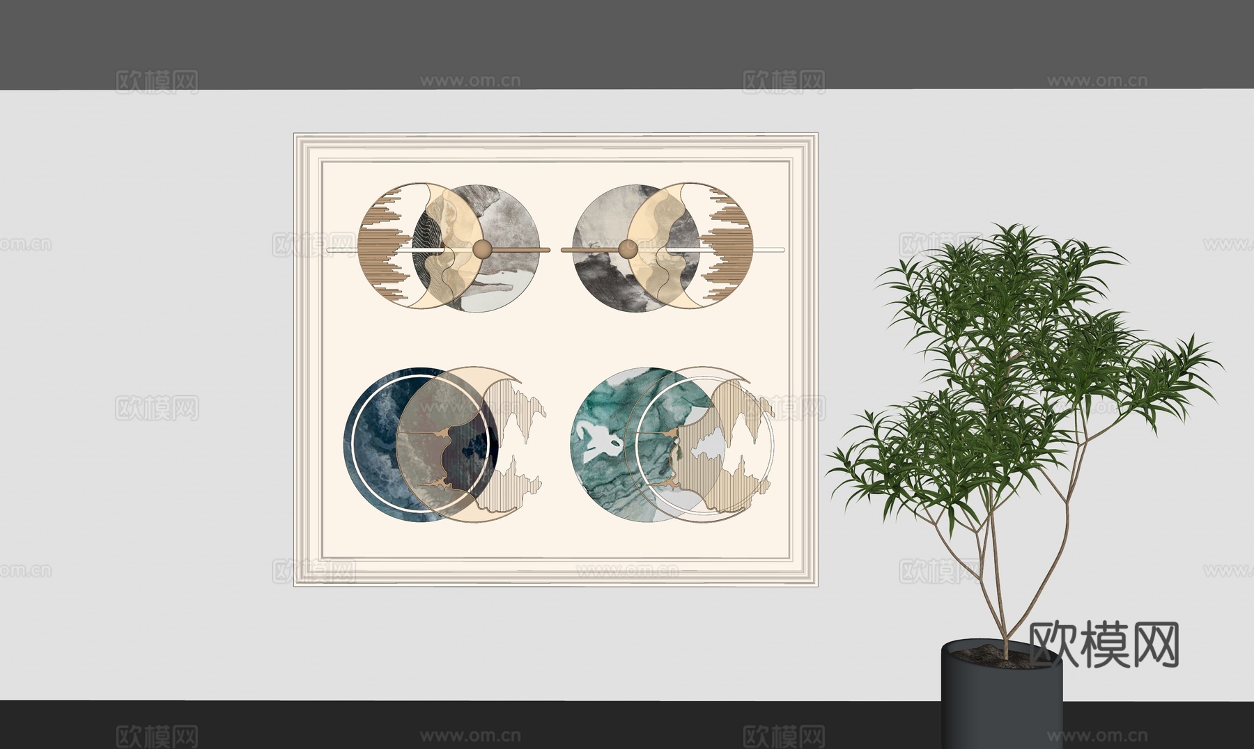 新中式立体墙饰_挂件墙饰su模型