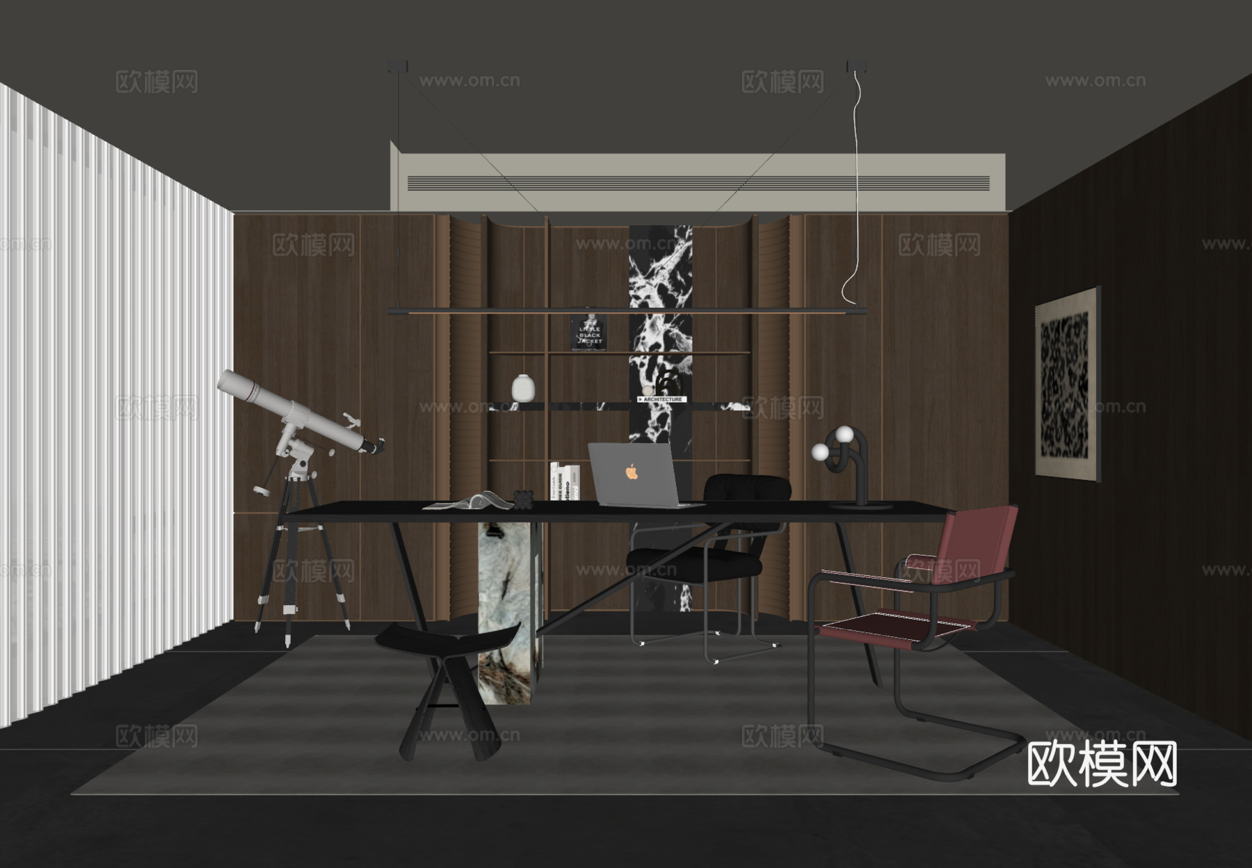 现代意式书房 书桌椅 吊灯 书柜 装饰柜 饰品摆件su模型