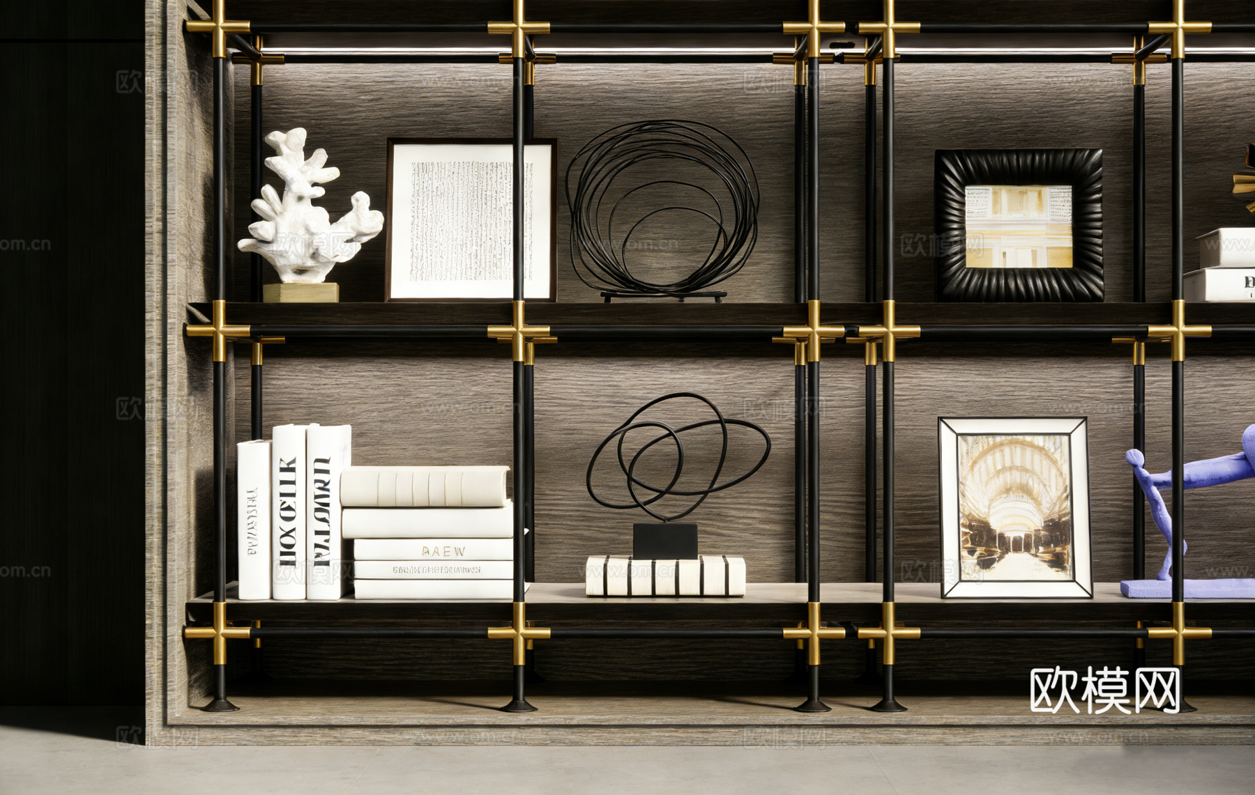 现代轻奢黑色金属网格框架书架 深木色 带金色连接件 样板间客su模型