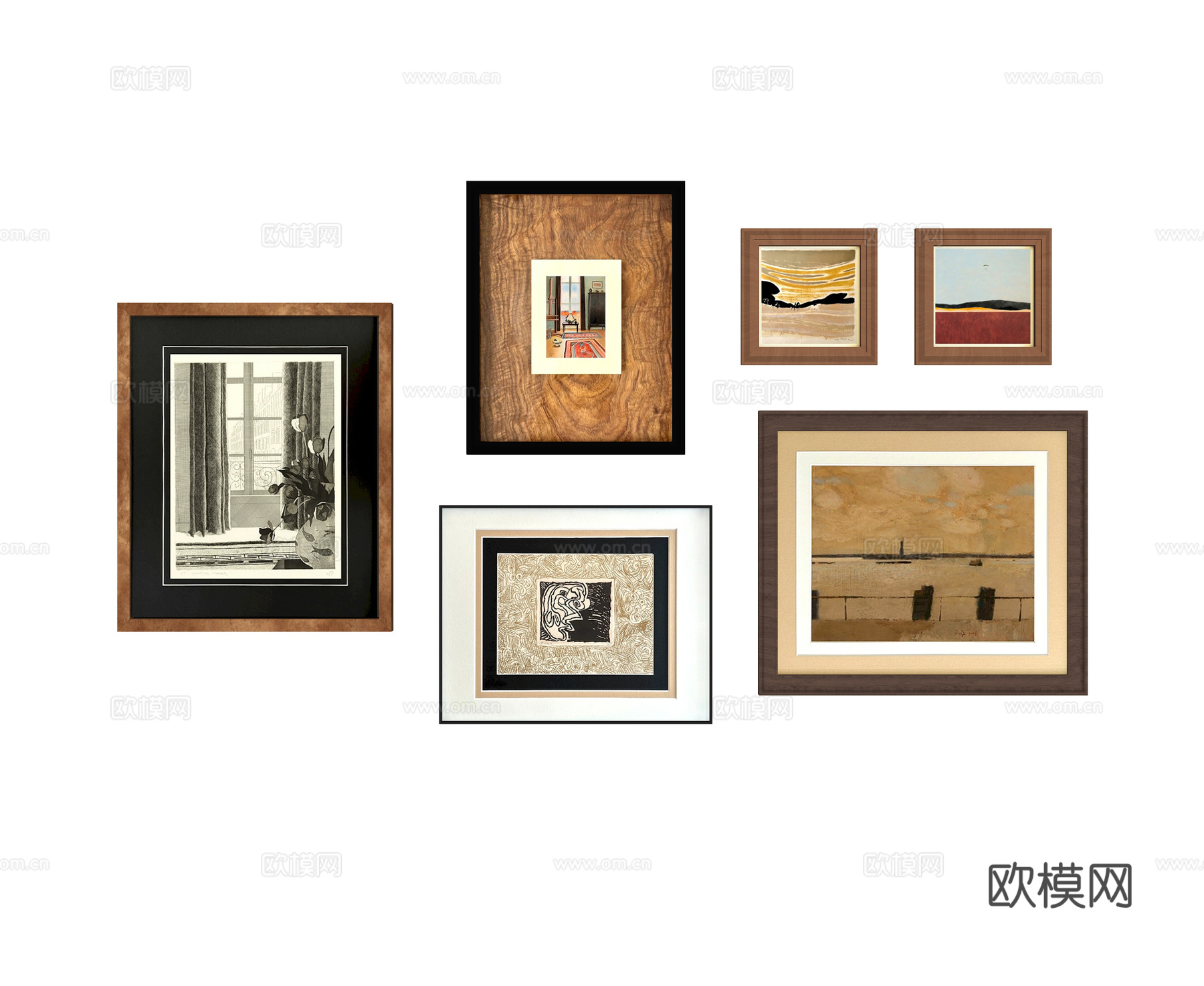 北欧中古挂画组合 复古挂画 照片墙su模型