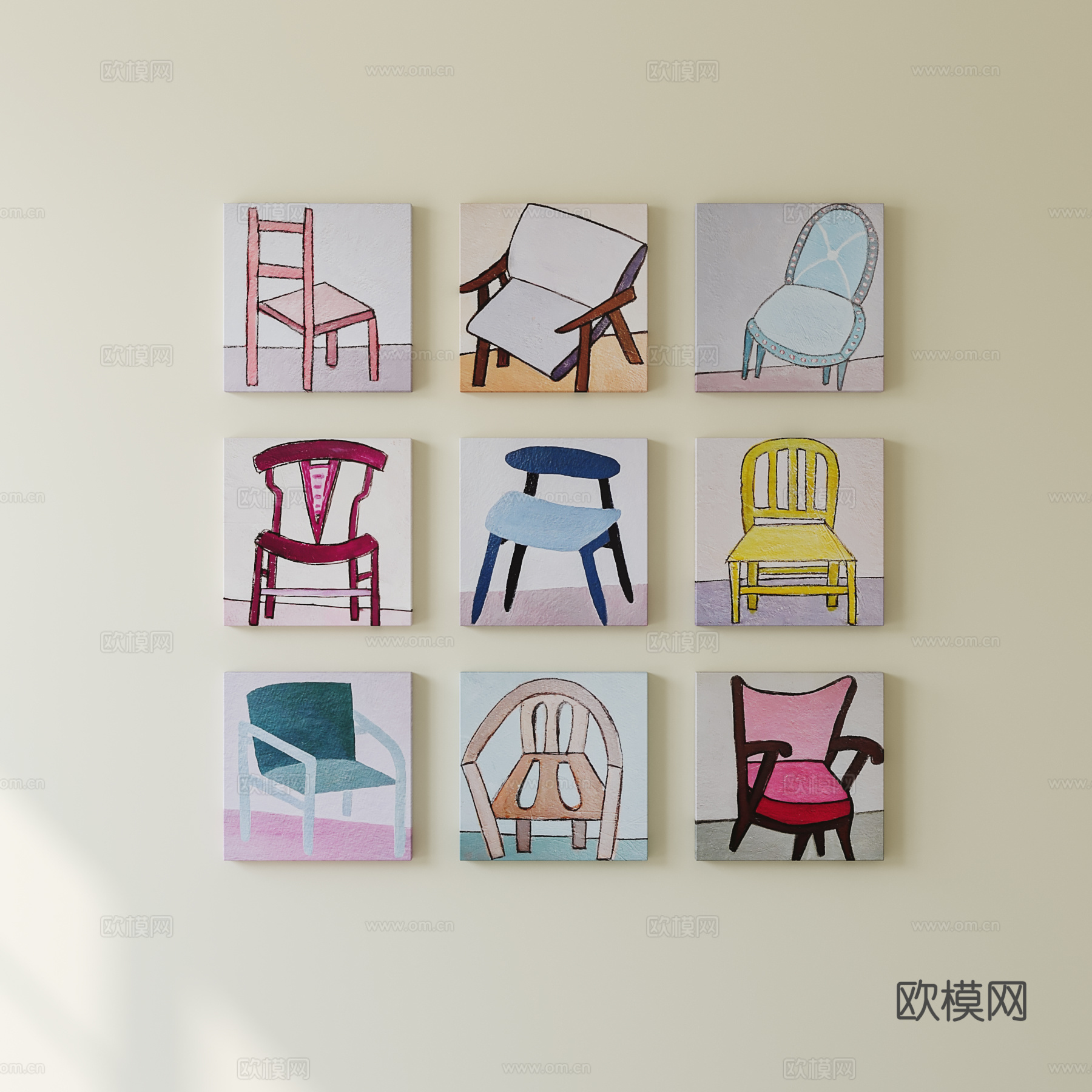 包豪斯中古挂画组合 照片墙su模型su模型