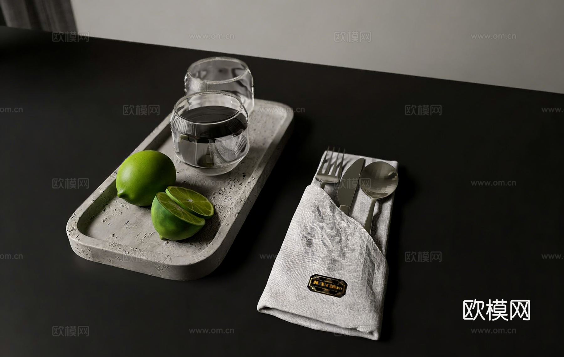现代简约餐桌静物组合 布艺餐巾包刀叉勺 西餐摆拍道具 含餐具su模型