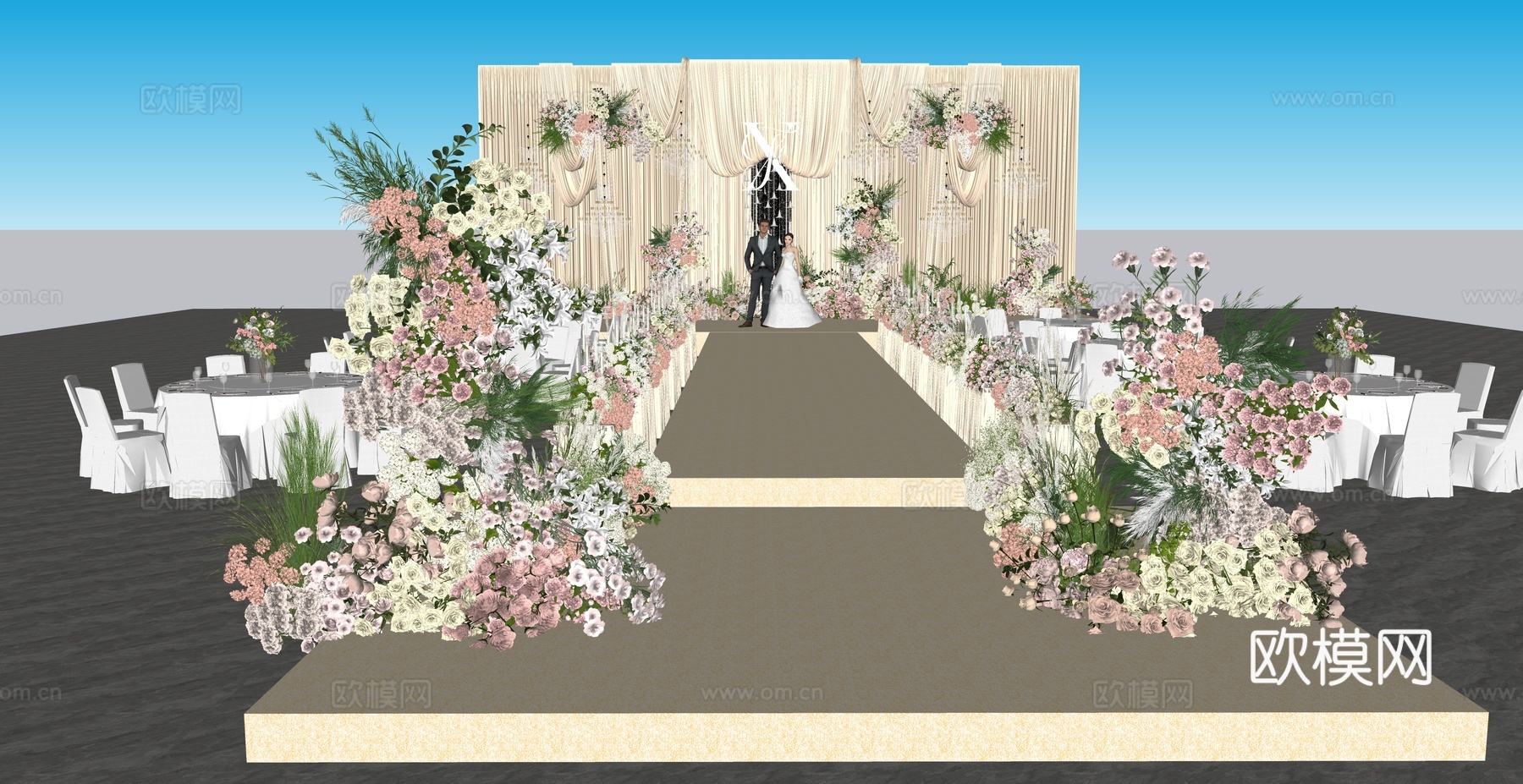 香槟粉布幔造型婚礼美陈花艺su模型